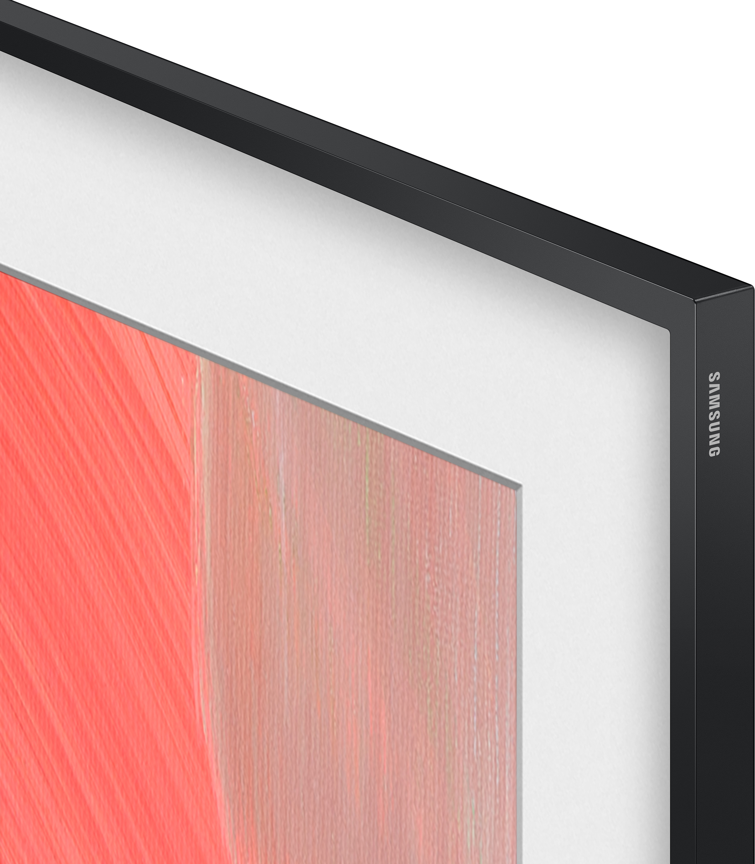 Nahaufnahme eines schwarzen Fernsehrahmens mit Samsung-Logo und abstraktem Kunstwerk.