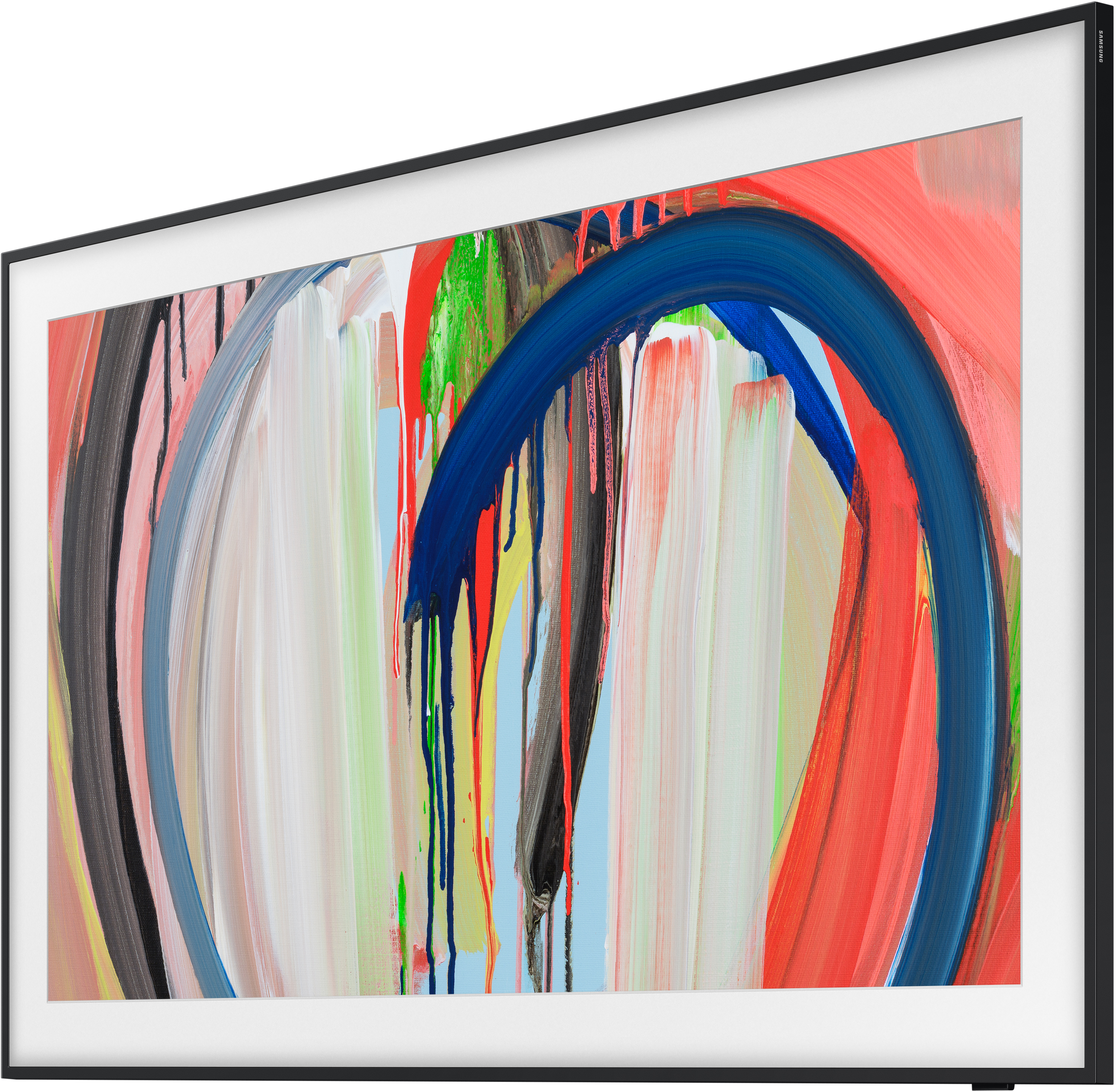 Ein moderner Fernseher mit einem abstrakten Gemälde in kräftigen Farben.