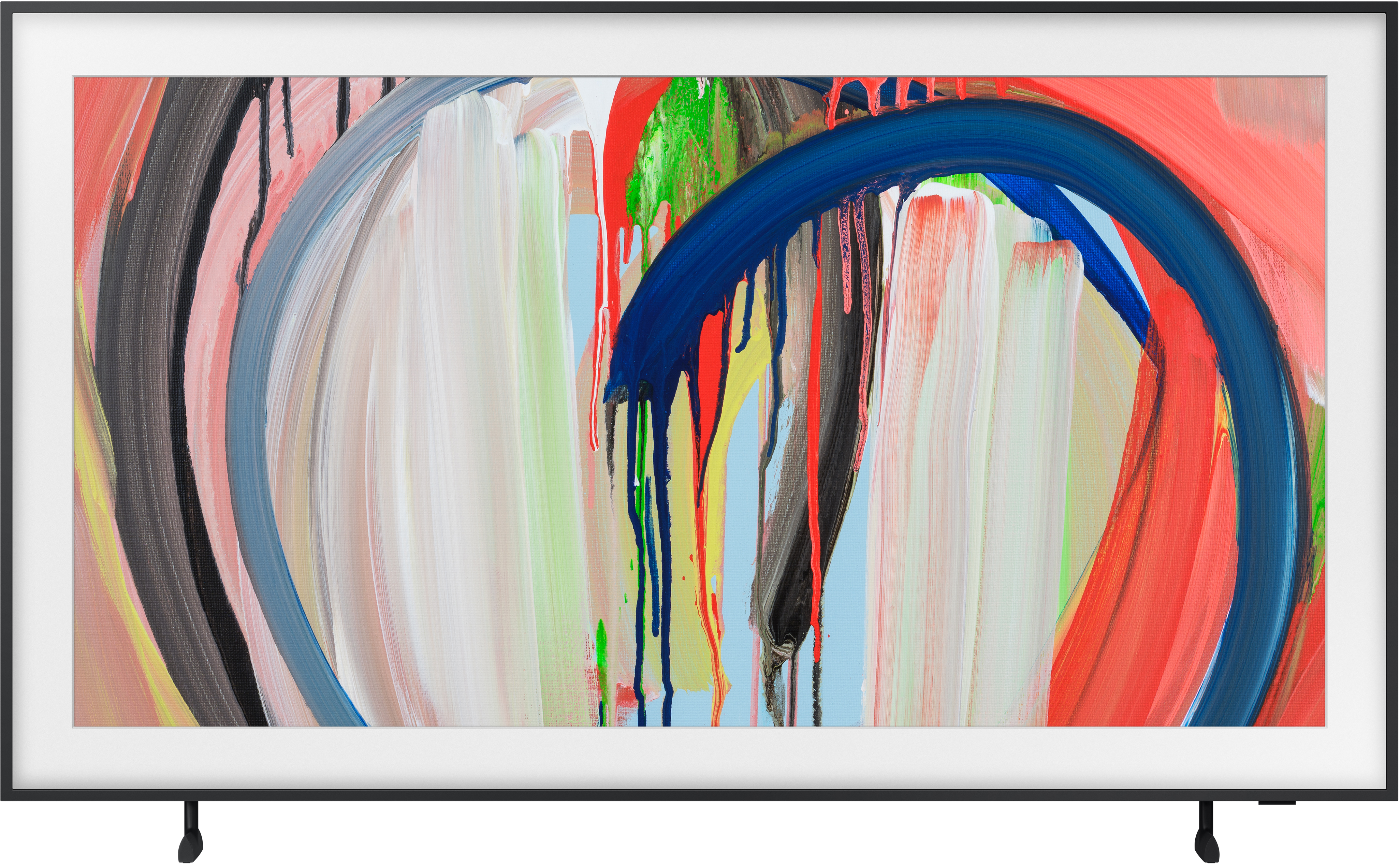 Abstrakte Malerei mit breiten Pinselstrichen in Blau, Rot, Grau, Weiß und Grün.