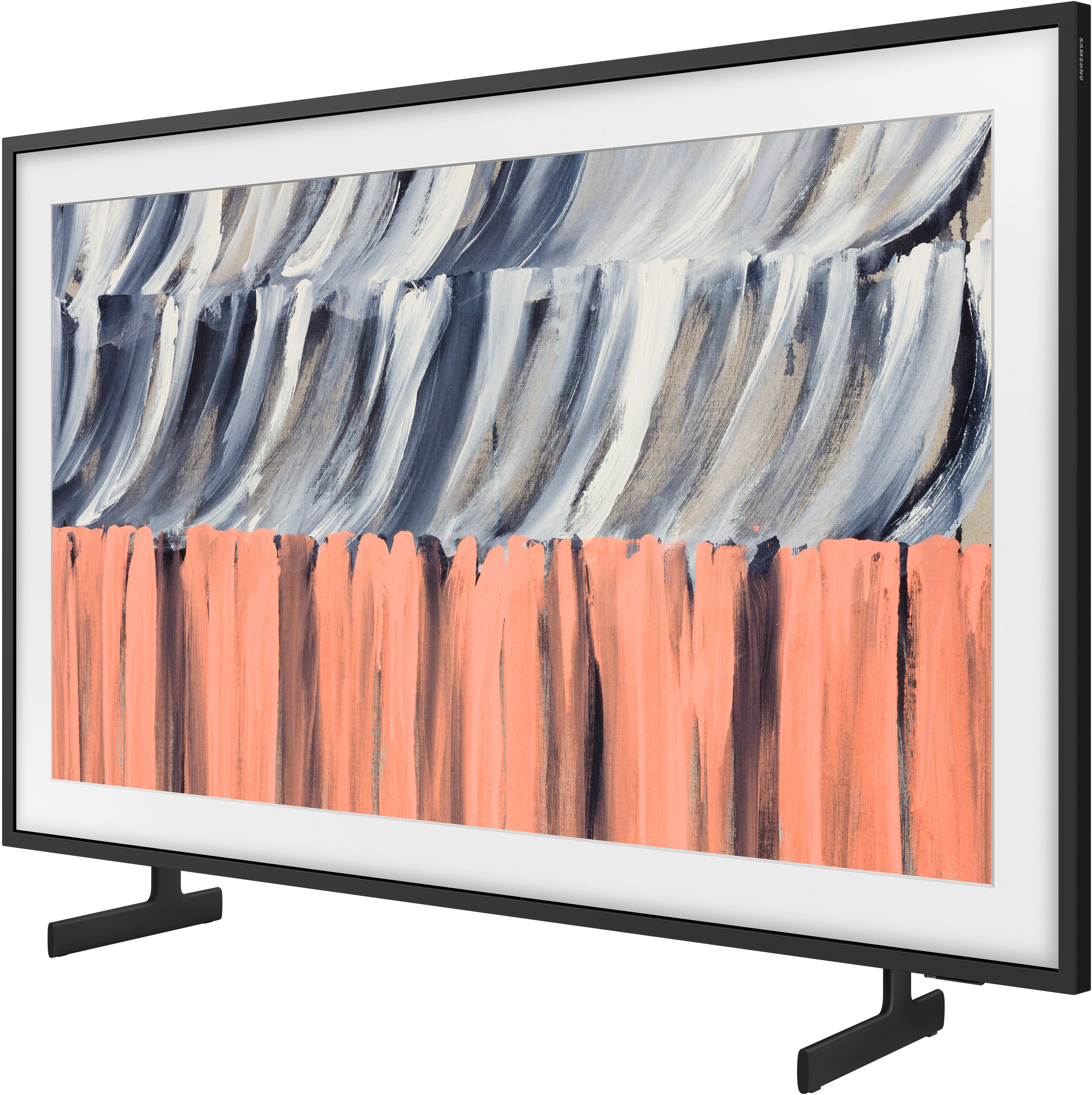 Ein Fernseher mit einem abstrakten Bild in Orange und Grau auf dem Bildschirm.