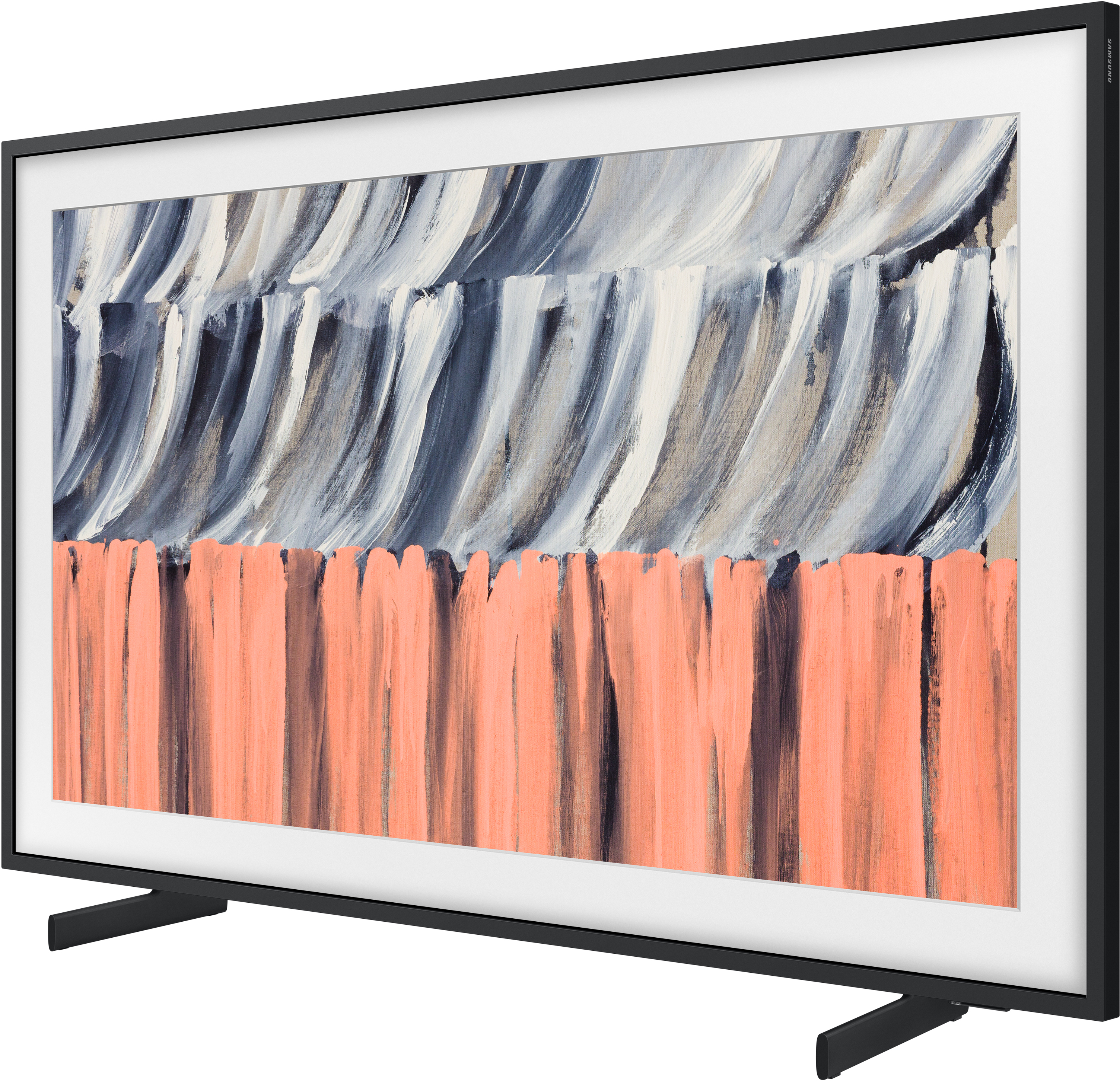 Ein moderner Fernseher mit einem abstrakten Gemälde in Orange- und Grautönen.