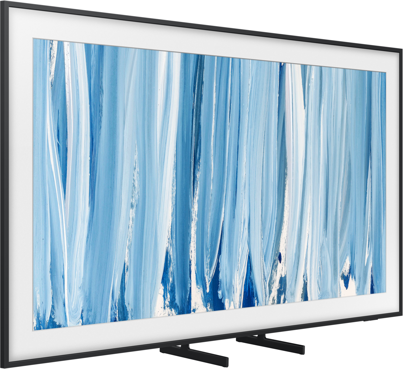 Ein moderner Fernseher mit einem abstrakten Gemälde in Blau- und Weißtönen.
