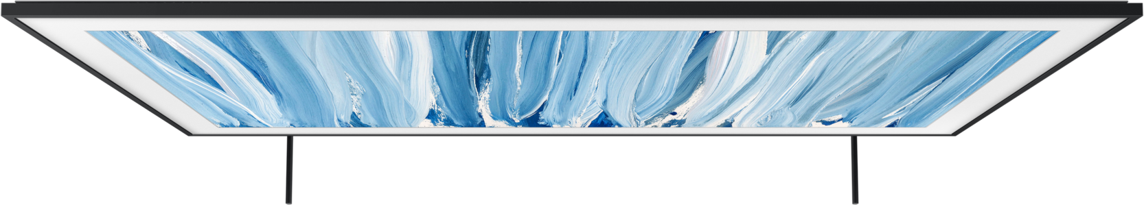 Ein moderner Fernseher mit schwarzem Rahmen zeigt ein abstraktes Bild mit blauen und weißen Pinselstrichen.