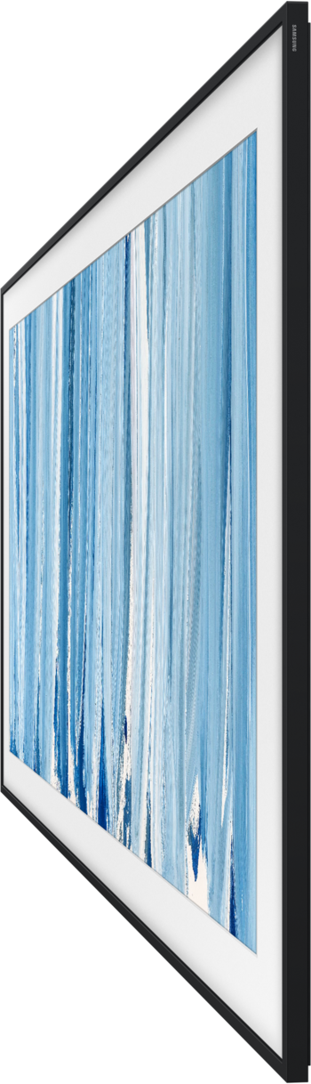 Ein moderner Fernseher mit schwarzem Rahmen, der ein abstraktes Bild mit blauen und weißen Streifen zeigt.