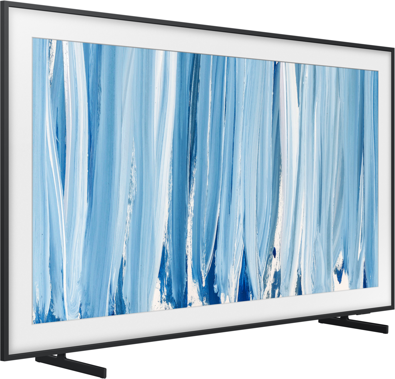 Ein moderner schwarzer Fernseher mit einem abstrakten blauen und weißen Pinselstrich-Bildschirm.