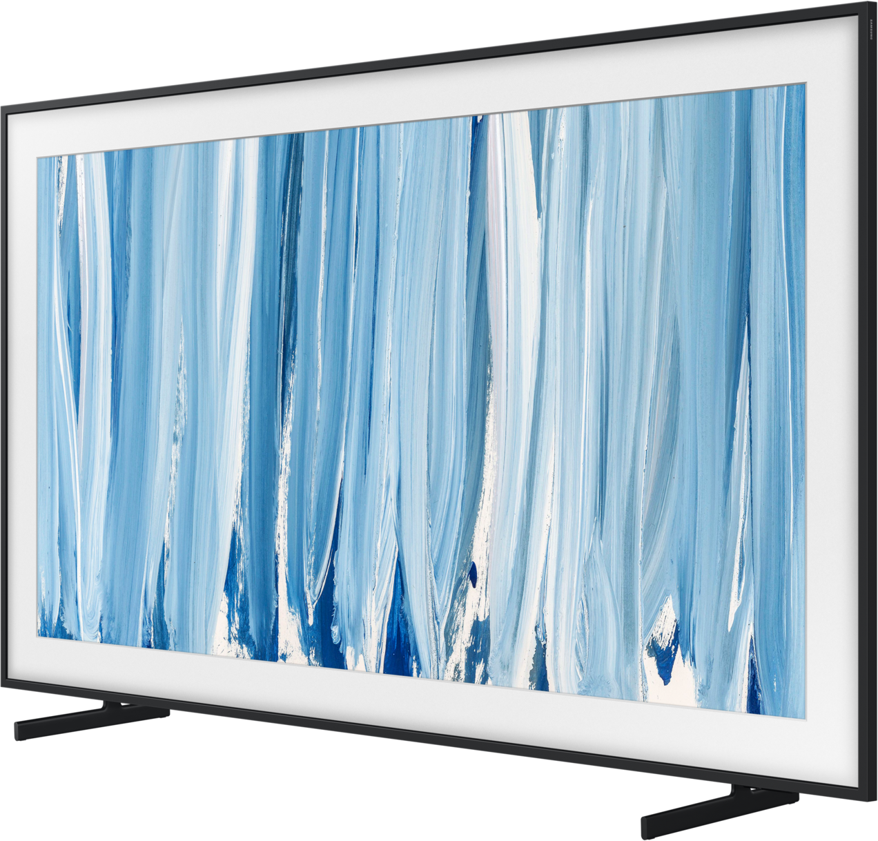 Ein moderner Fernseher mit einem abstrakten Bild in Blau- und Weißtönen.