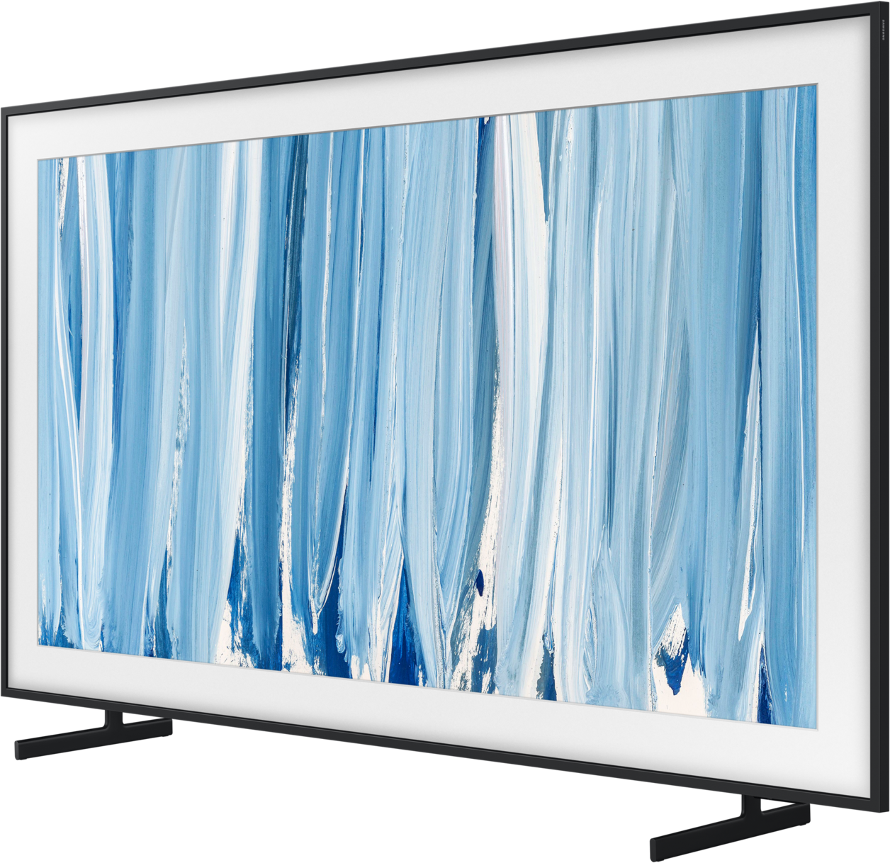 Ein moderner Fernseher mit schwarzem Rahmen, der ein abstraktes Bild mit blauen und weißen Strichen zeigt.
