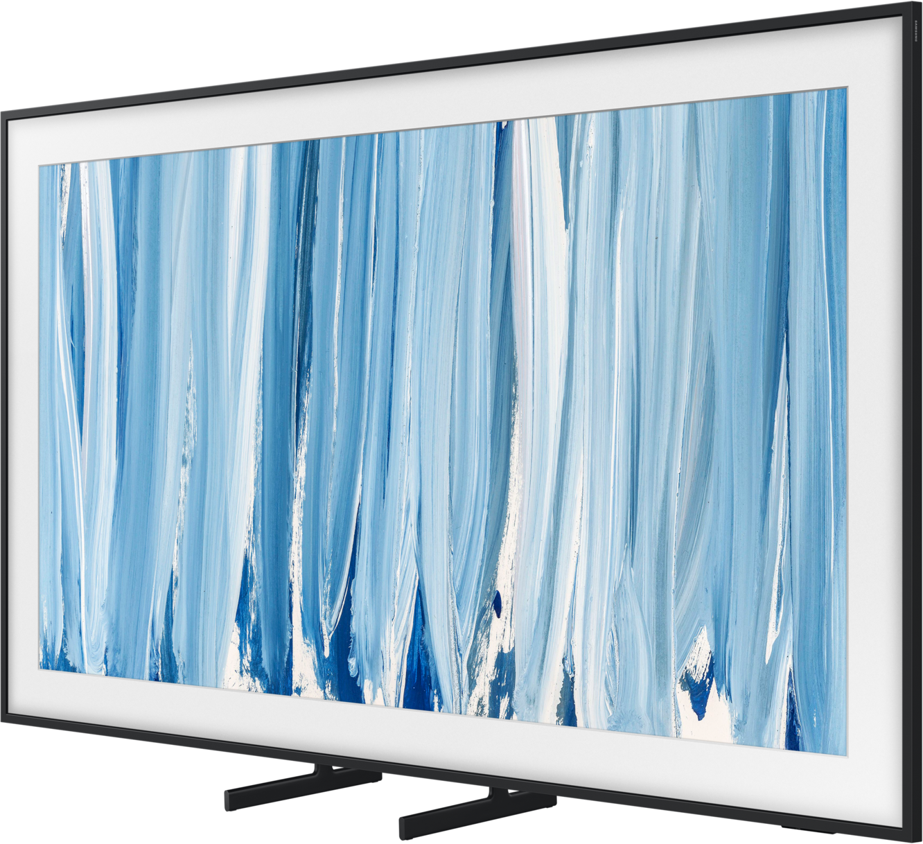 Ein moderner Fernseher mit einem abstrakten blauen und weißen Pinselstrichbild.
