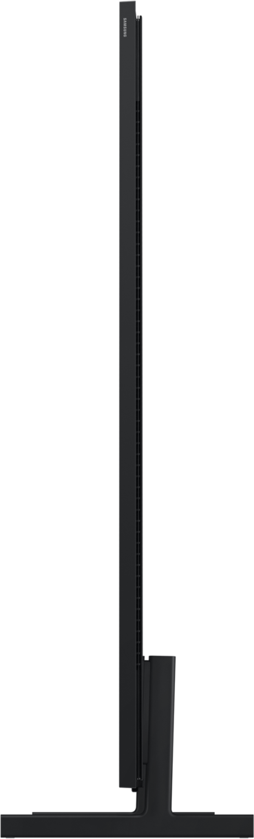 Ein schlankes, schwarzes Samsung Fernsehgerät steht auf einem breiten Sockel.