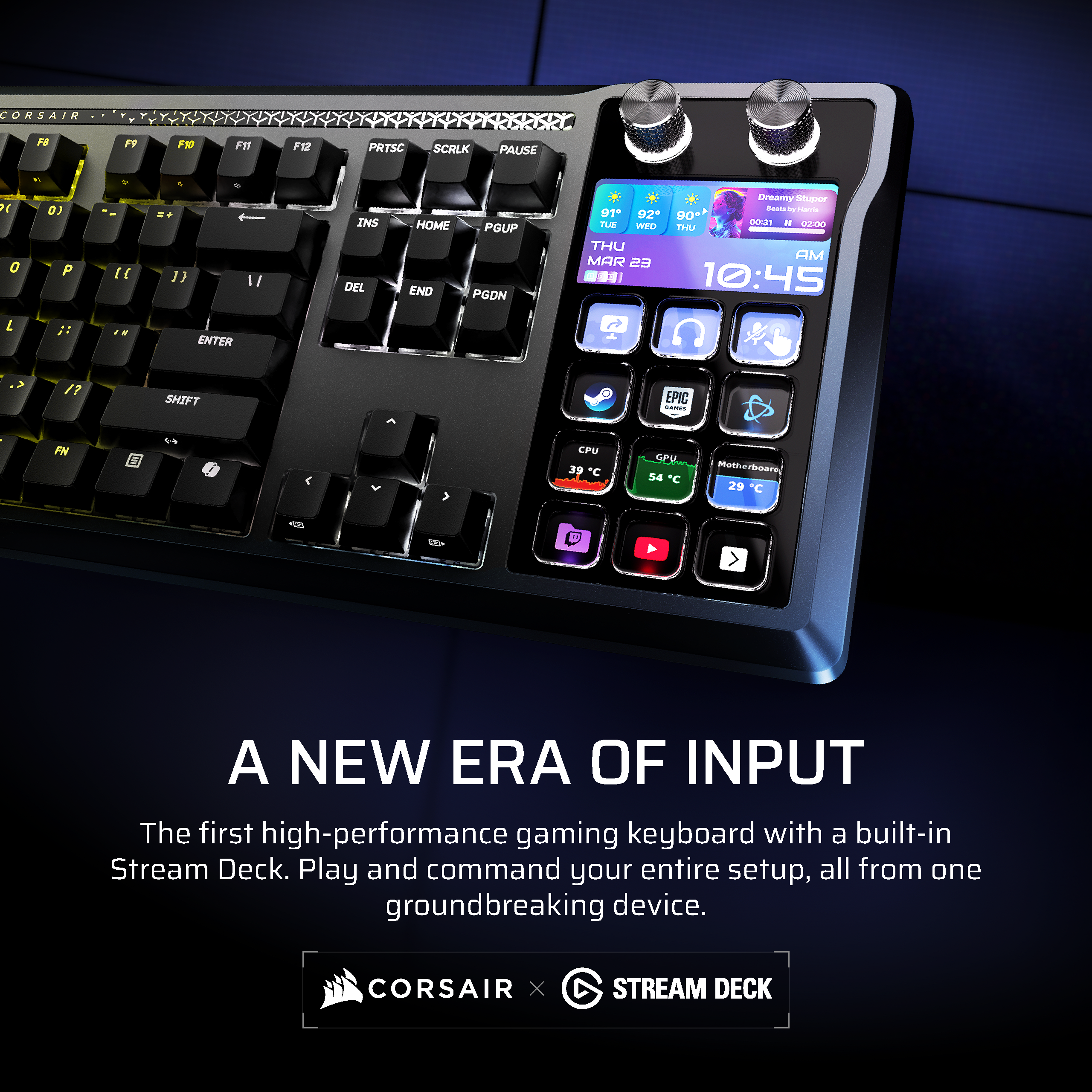 Un clavier gaming Corsair avec Stream Deck intégré et écran couleur.