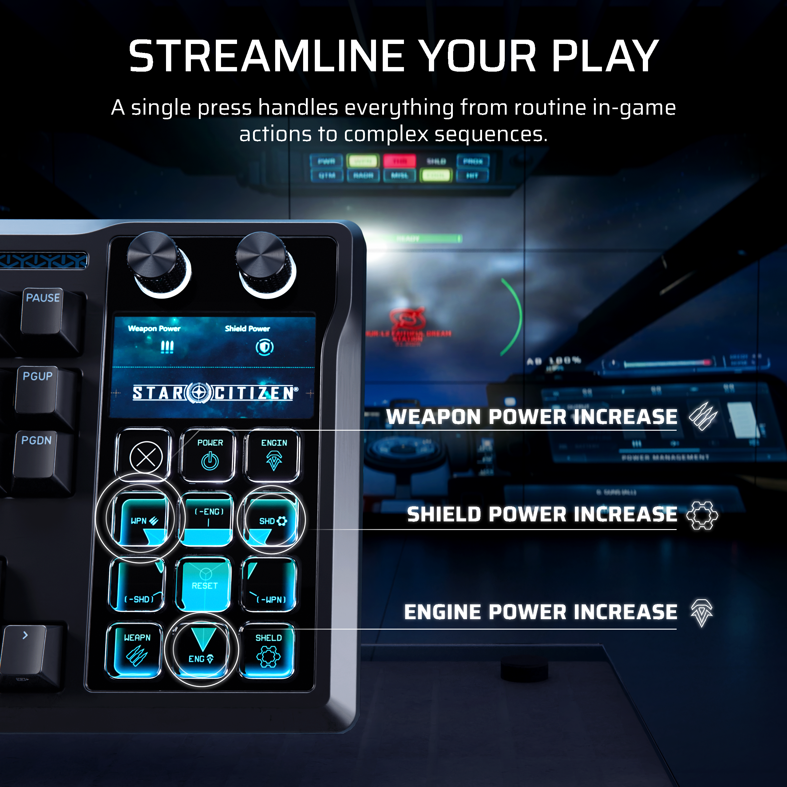 Manette Star Citizen avec options de puissance d'arme, de bouclier et de moteur.