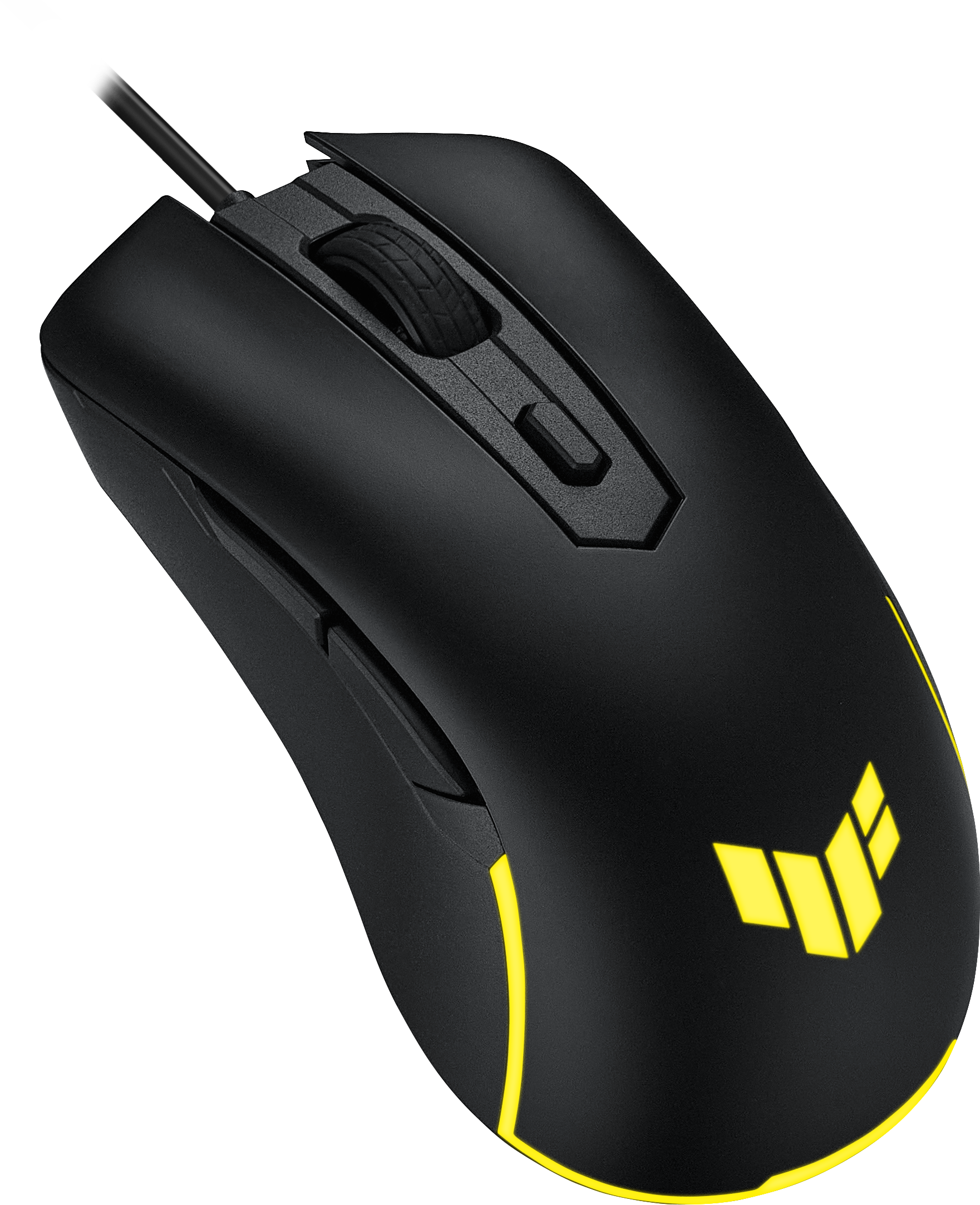 Schwarze Gaming-Maus mit gelben Akzenten und Logo auf schwarzem Hintergrund.