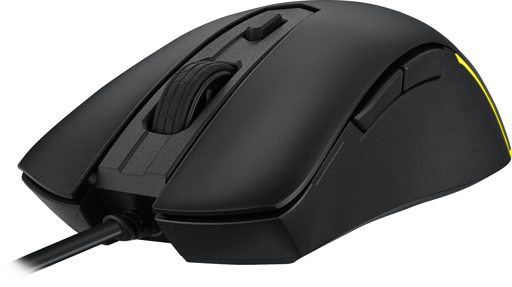Schwarze Gaming-Maus mit gummiertem Scrollrad und gelber Akzentbeleuchtung.