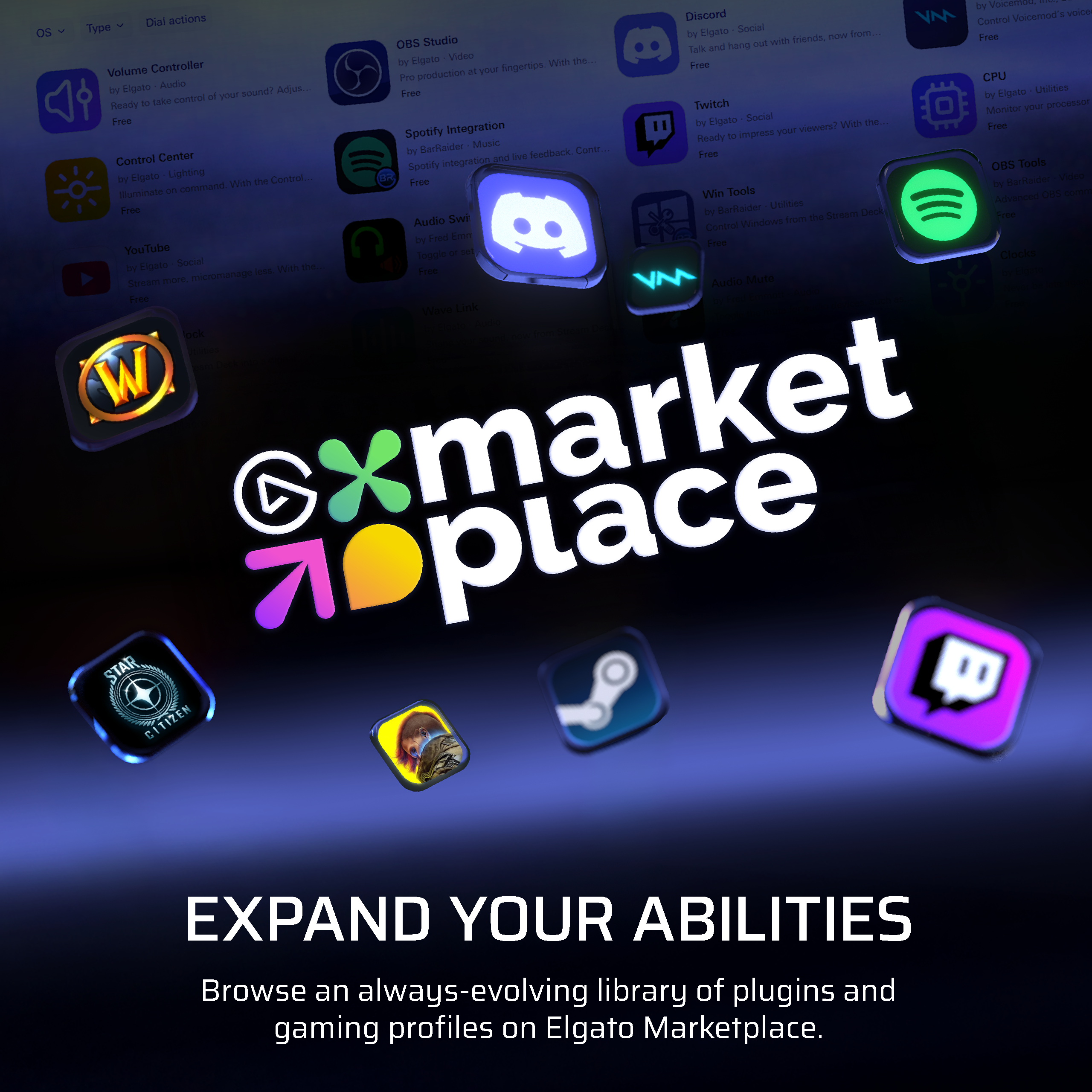Elgato Marketplace affiche des icônes d'applications comme Discord, Spotify, Twitch et plus.