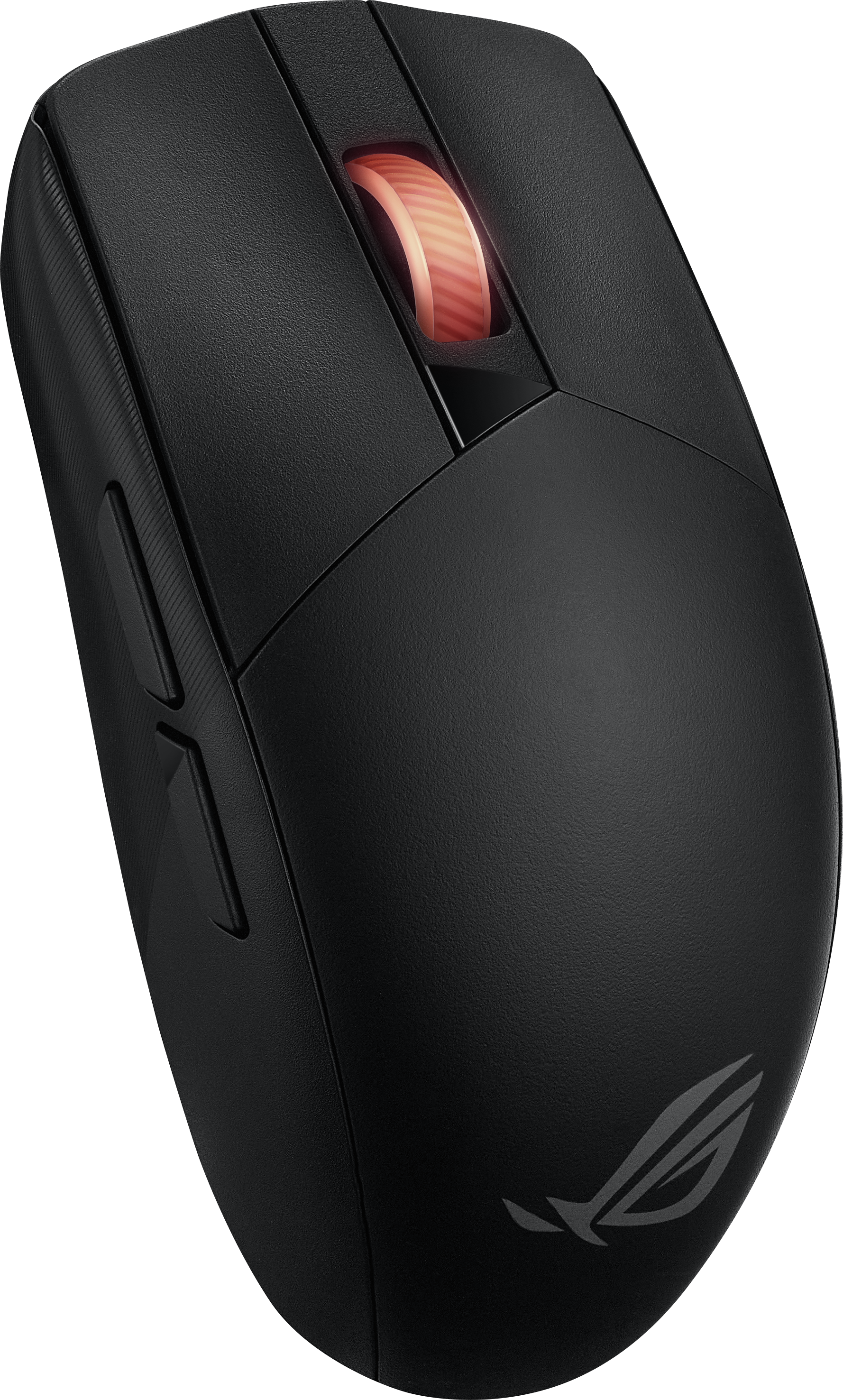 Schwarze Gaming-Maus mit beleuchtetem Rad und Logo.