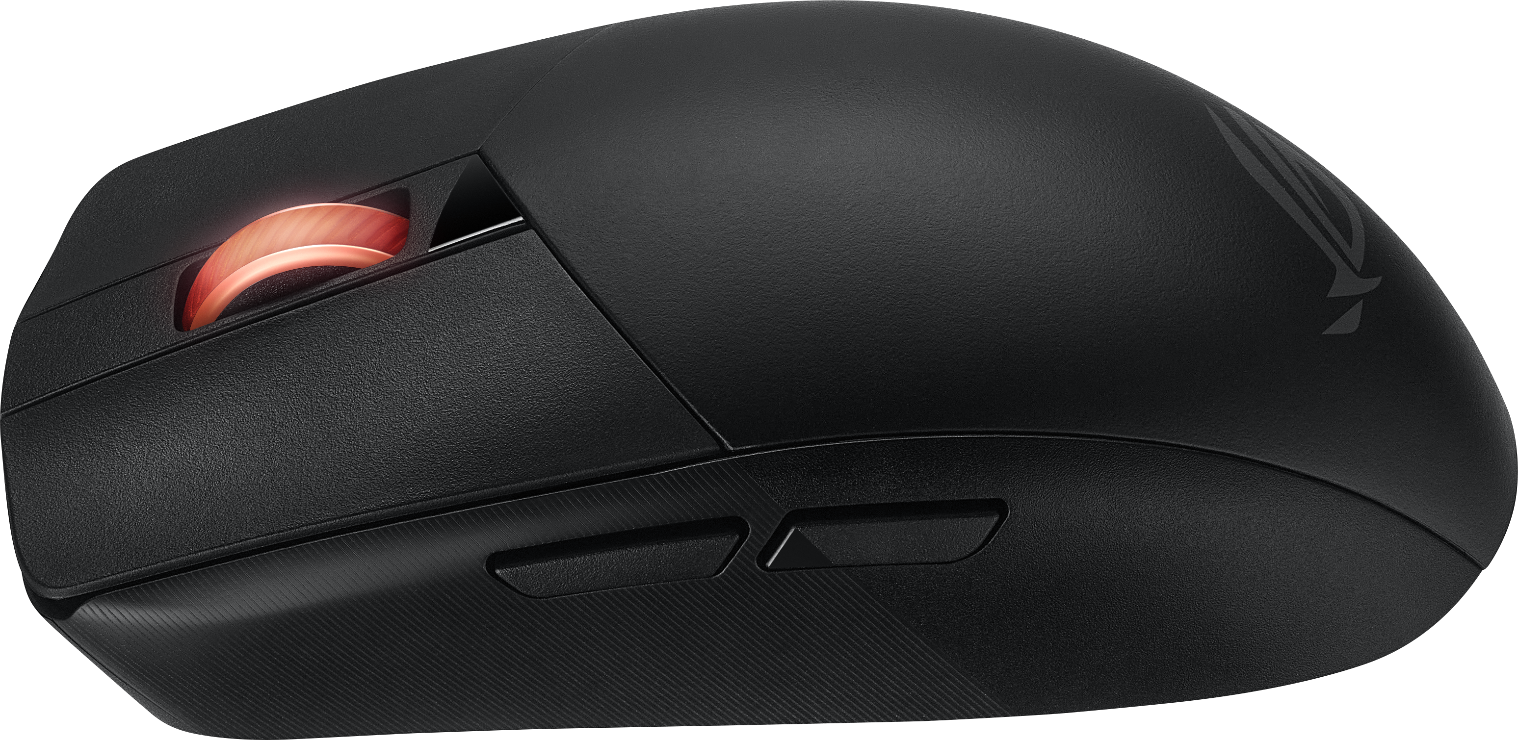 Schwarze Gaming-Maus mit beleuchtetem rotem Rad und seitlichen Tasten.