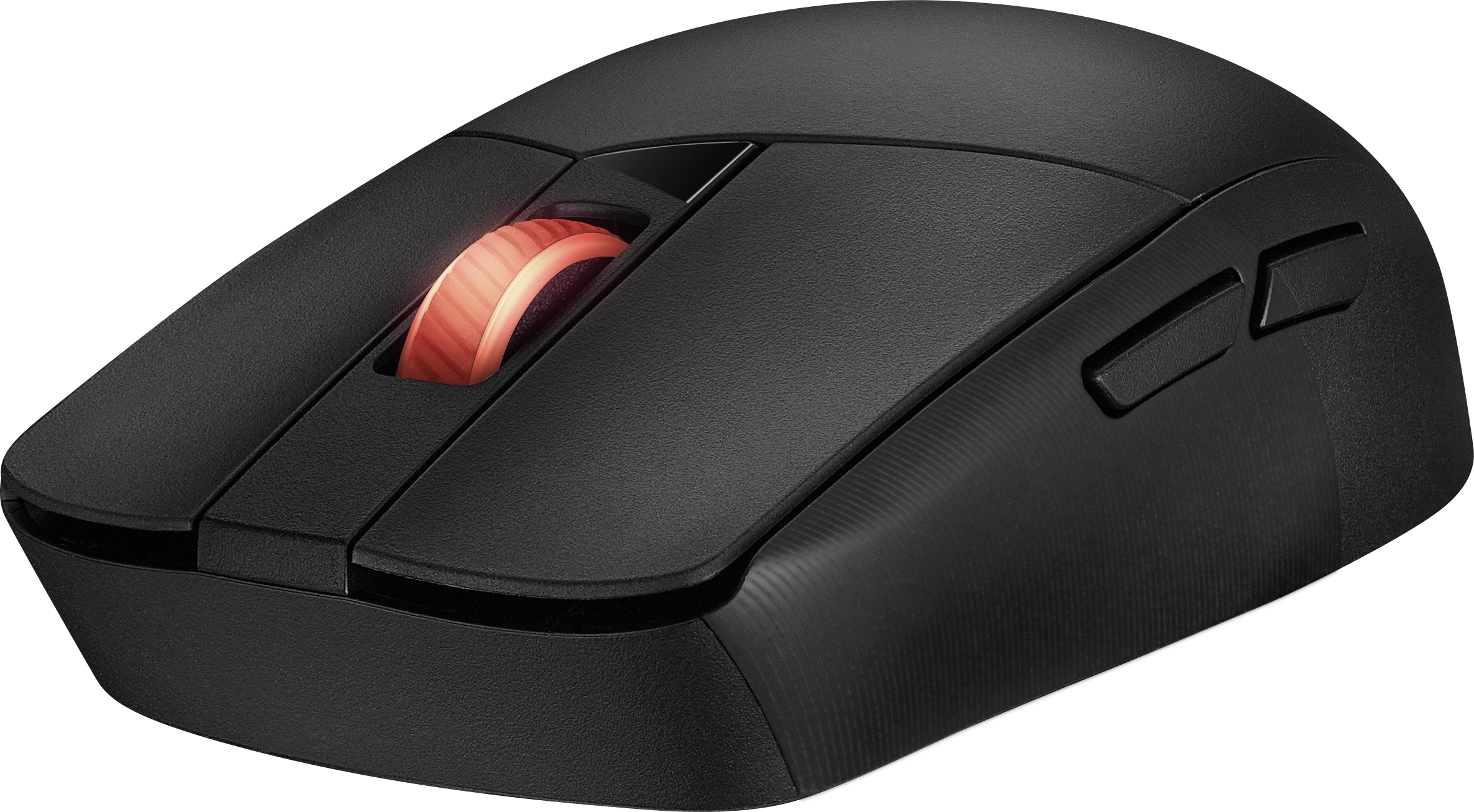 Schwarze Computermaus mit beleuchtetem rotem Scrollrad und Seitentasten.