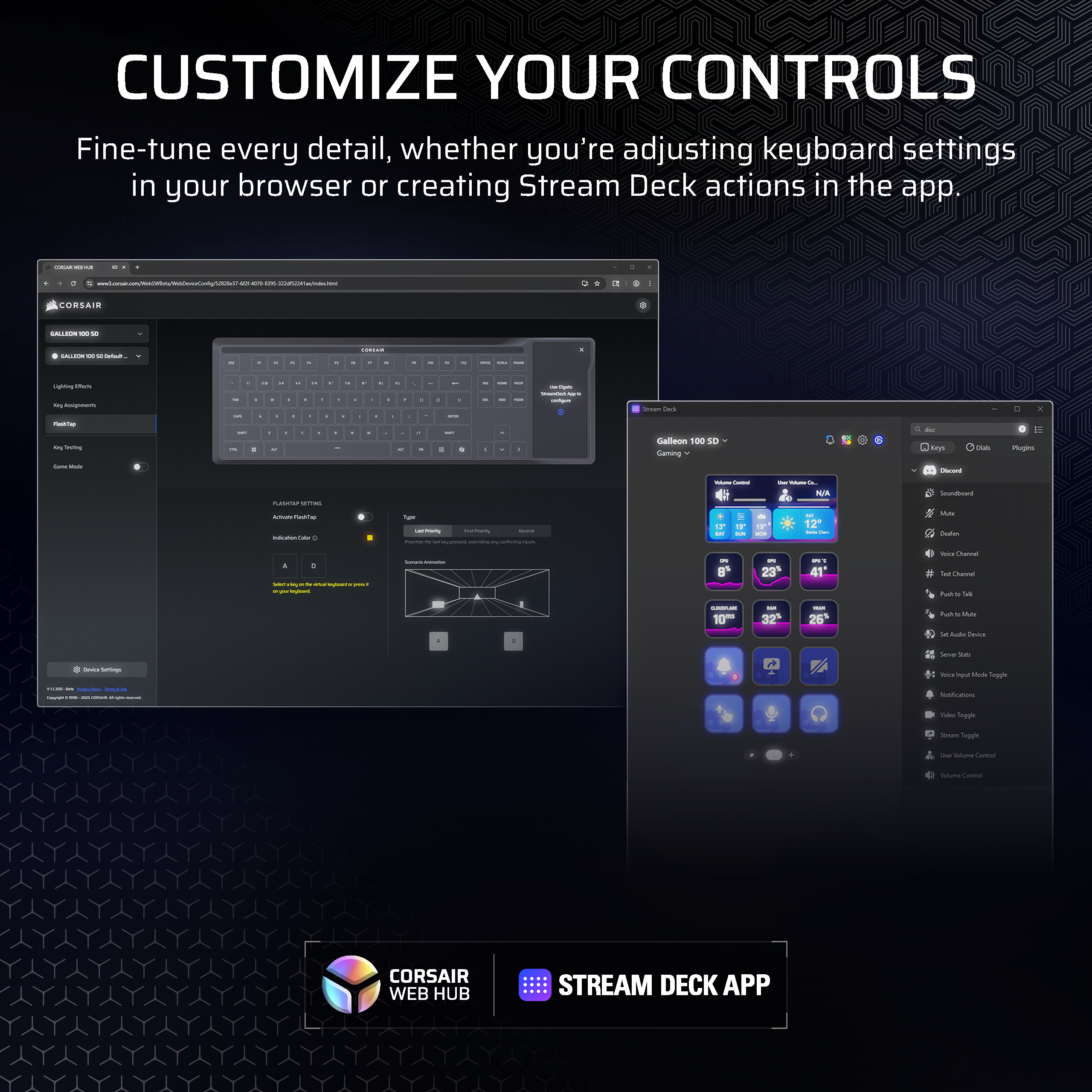 Les écrans montrent les applications Corsair Web Hub et Stream Deck pour la personnalisation.