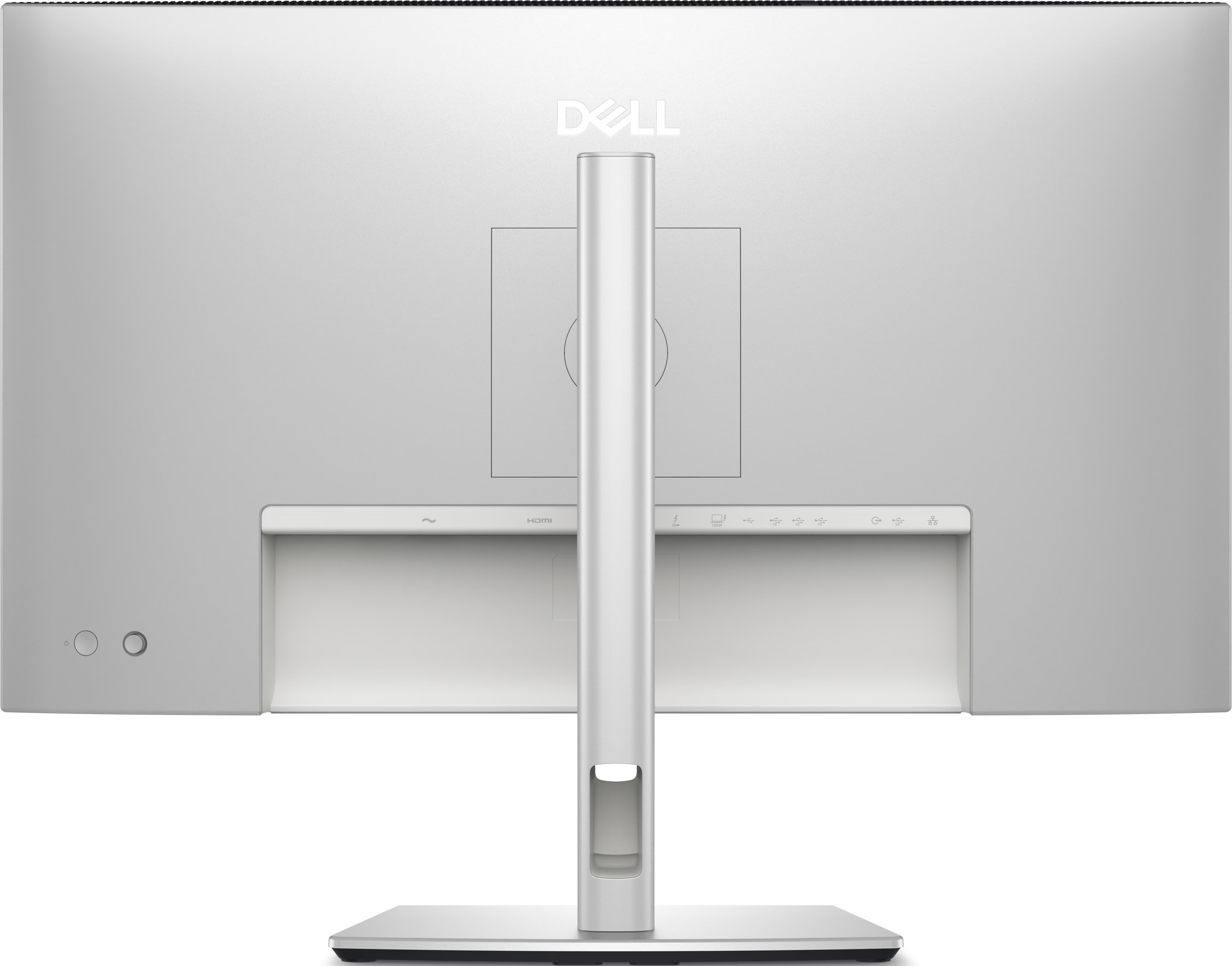 Retro di un monitor Dell argentato con porte e supporto. Logo Dell.