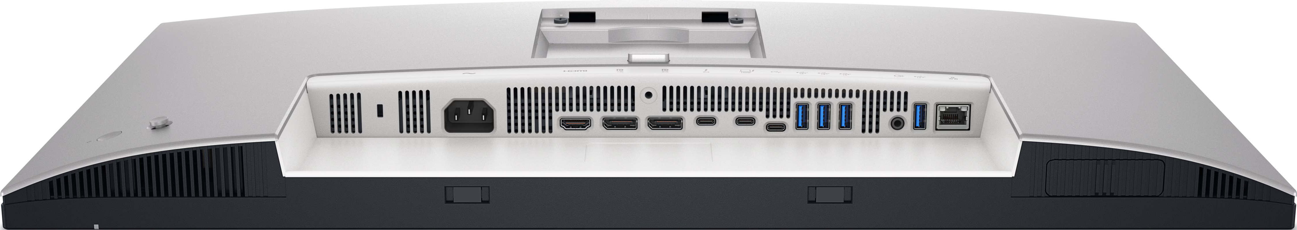 Retro di un monitor con porte: alimentazione, HDMI, USB-C, USB-A, Ethernet.