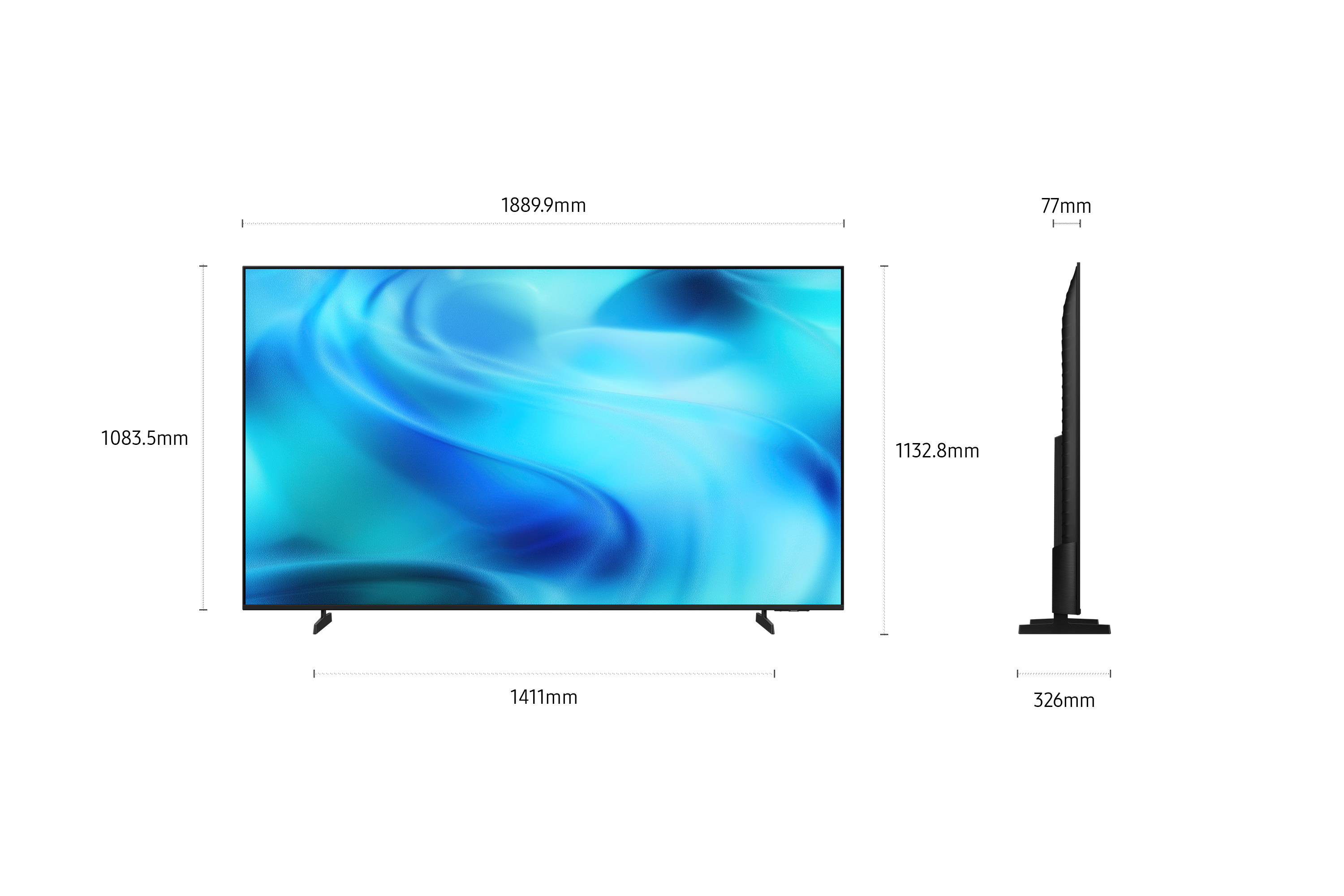 Flachbildfernseher mit blauen Wellen auf dem Bildschirm und Maßen.