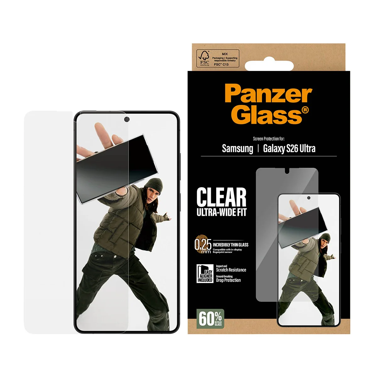 Protezione schermo Panzer Glass per Samsung Galaxy S26 Ultra, chiara, ultra-larga.