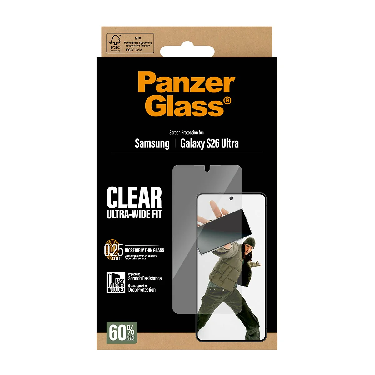 Protezione schermo Panzer Glass per Samsung Galaxy S26 Ultra, chiara e ultra-larga.