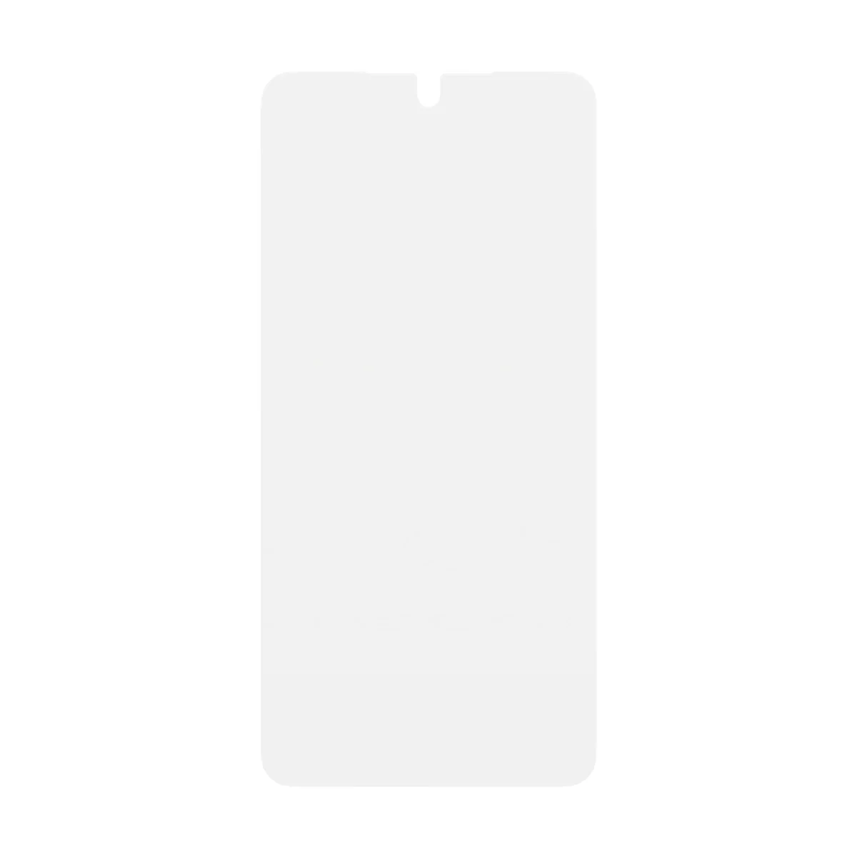 Una protezione schermo bianca rettangolare per smartphone con notch in alto.