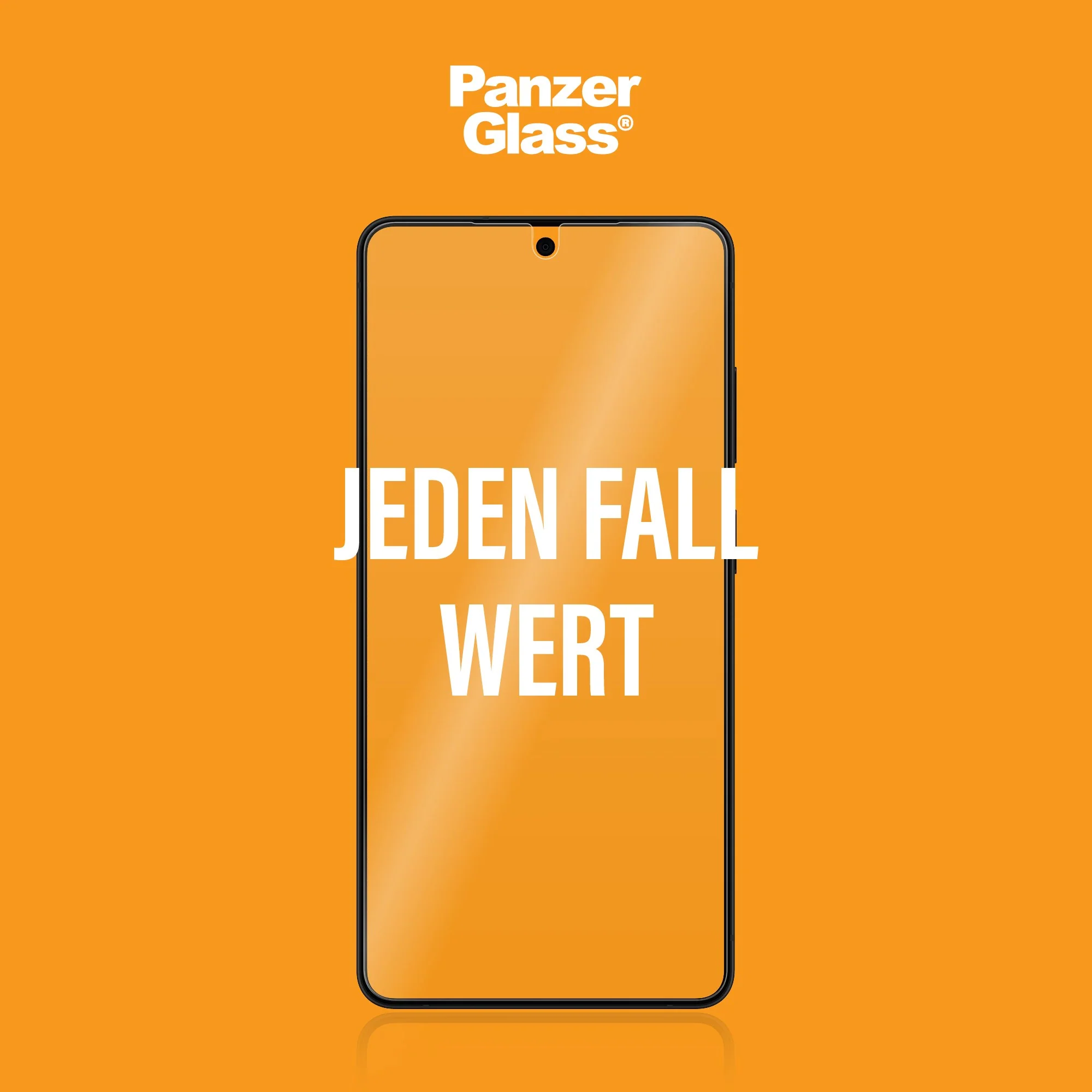Uno smartphone con logo Panzer Glass e testo su sfondo arancione.