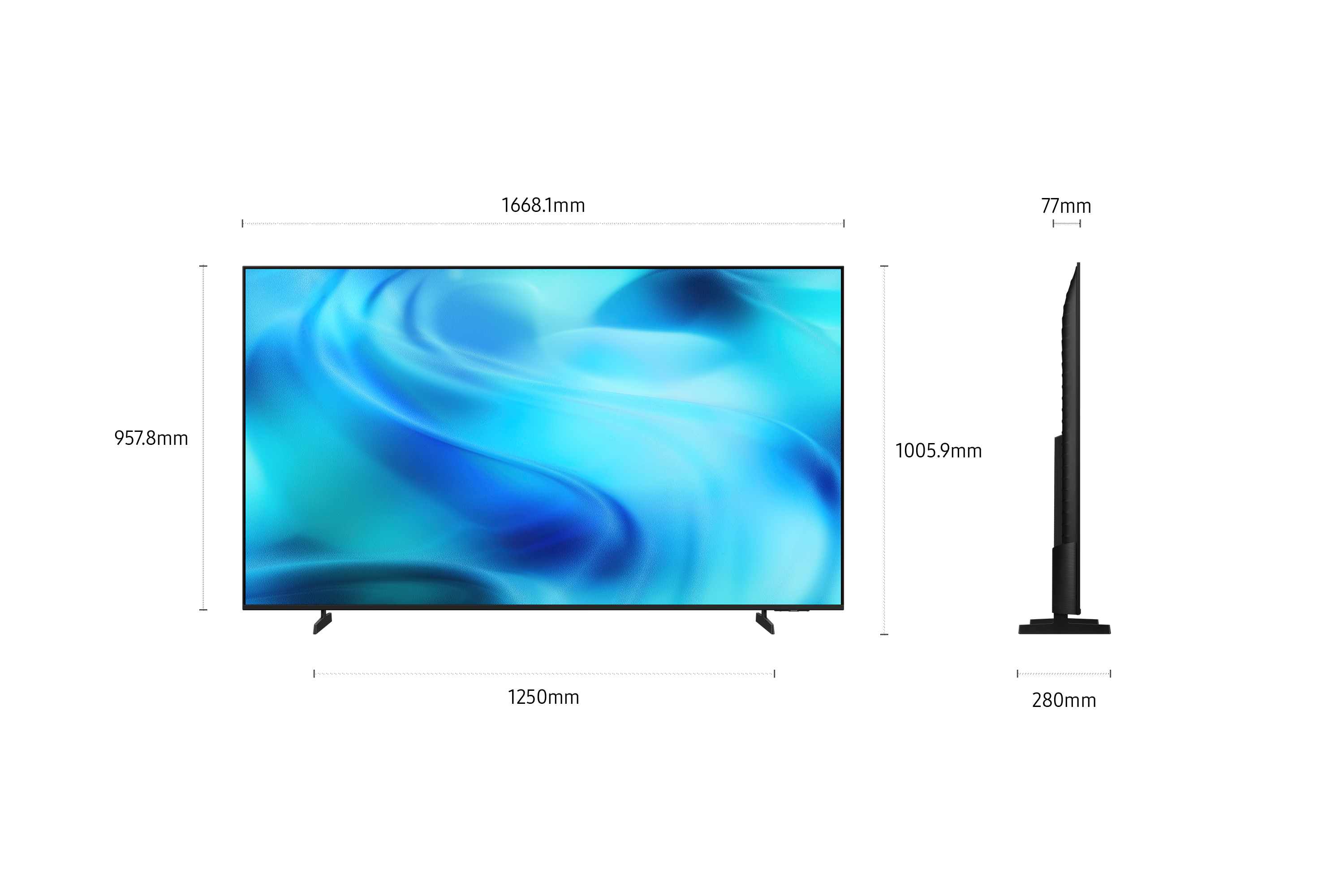 Ein großer Flachbildfernseher mit einem blauen, wirbelnden Muster auf dem Bildschirm.