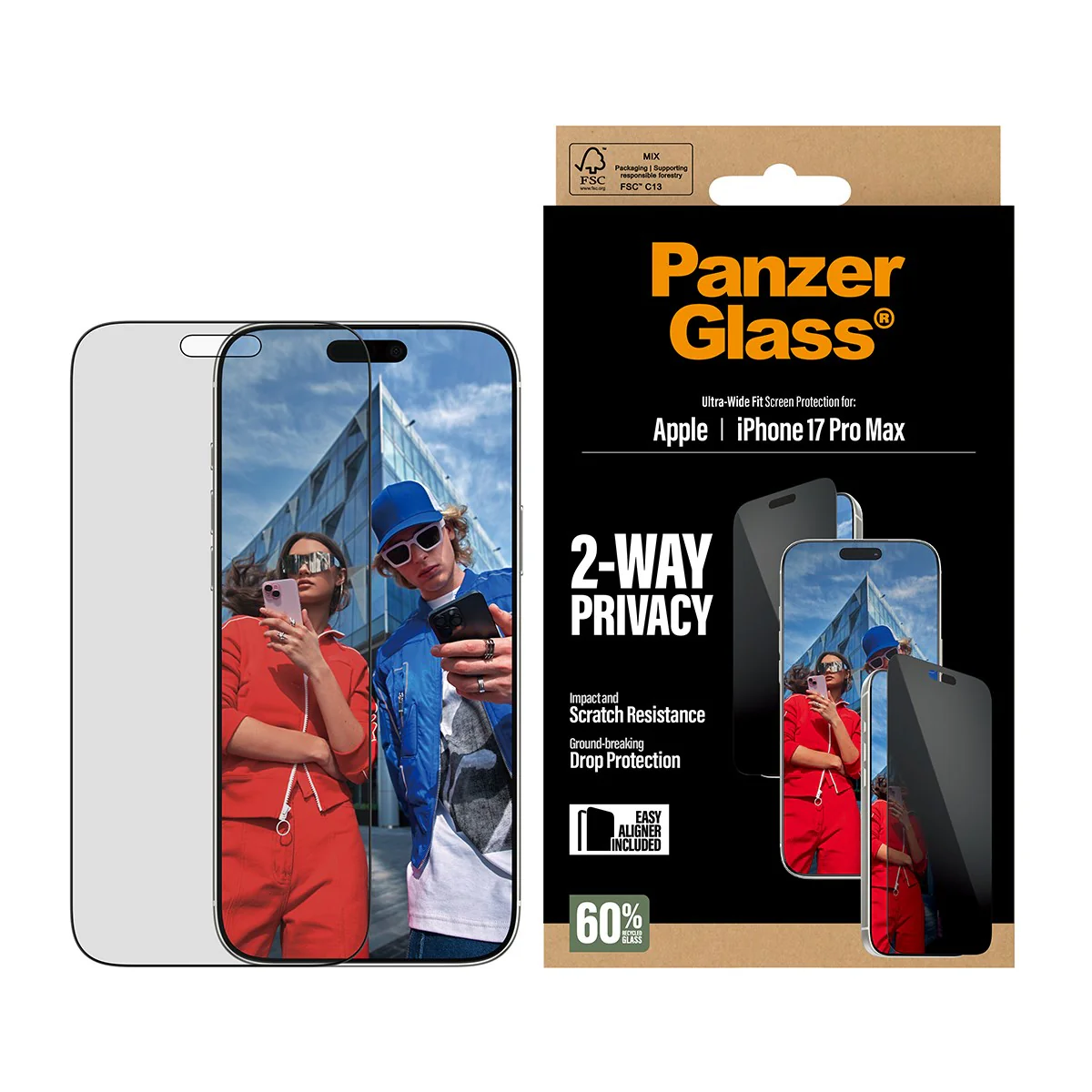 Protecteur d'écran Panzer Glass pour iPhone 17 Pro Max. Avec confidentialité 2 voies.