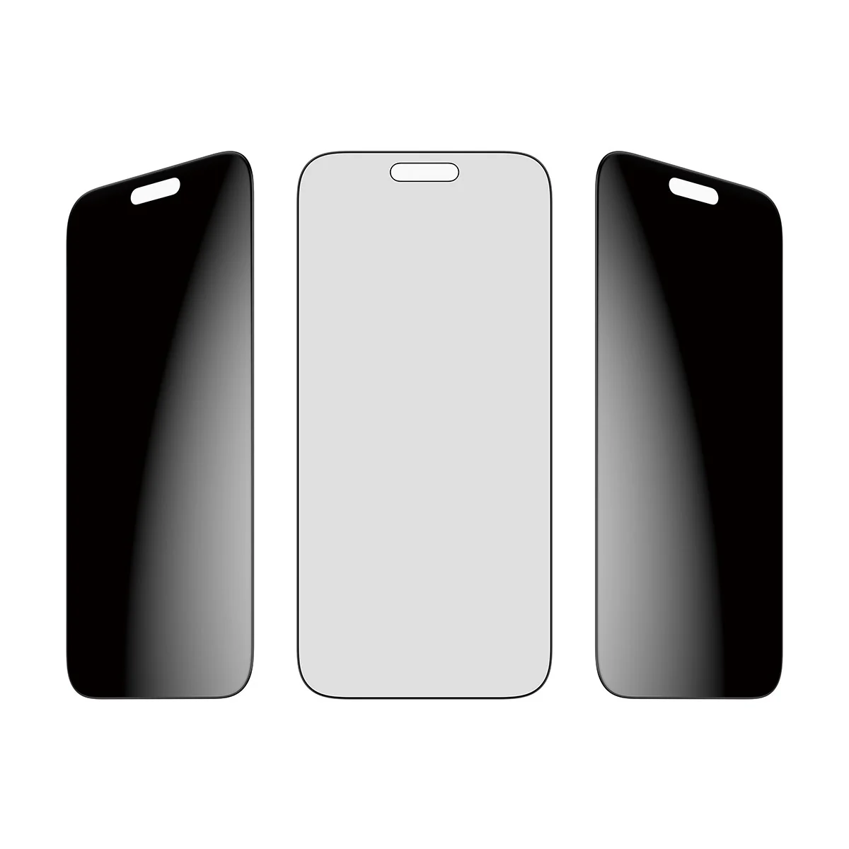 Trois protecteurs d'écran de smartphone : deux noirs, un gris, sur fond blanc.