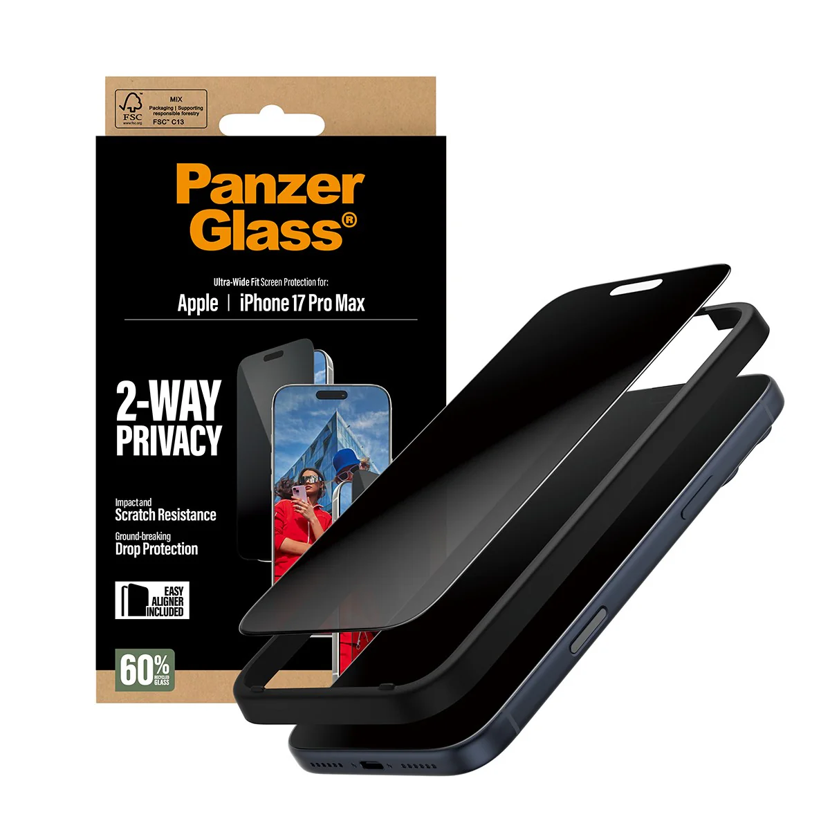 Protection d'écran Panzer Glass pour iPhone 17 Pro Max avec 2 voies de confidentialité et aligneur.