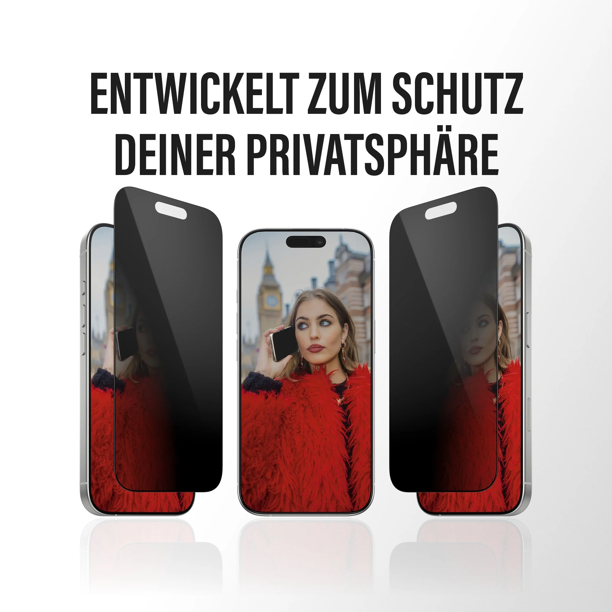 Trois téléphones avec protecteurs d'écran de confidentialité. Le téléphone du milieu montre une femme en manteau rouge.