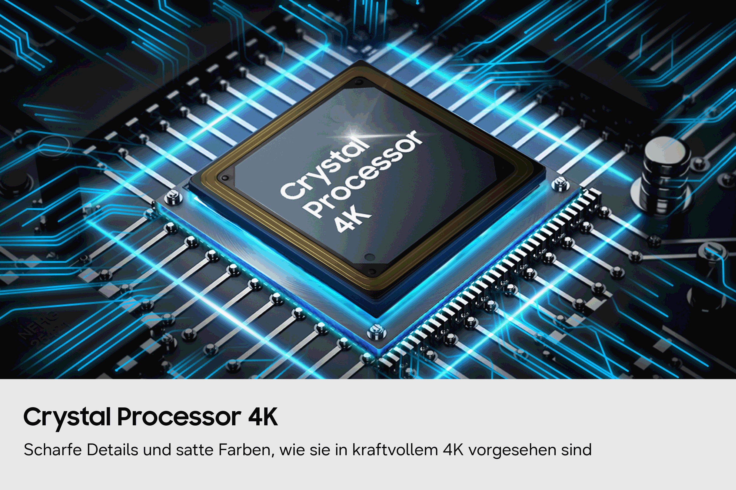 Ein Crystal Processor 4K Chip auf einer Leiterplatte mit blauen Lichtlinien.
