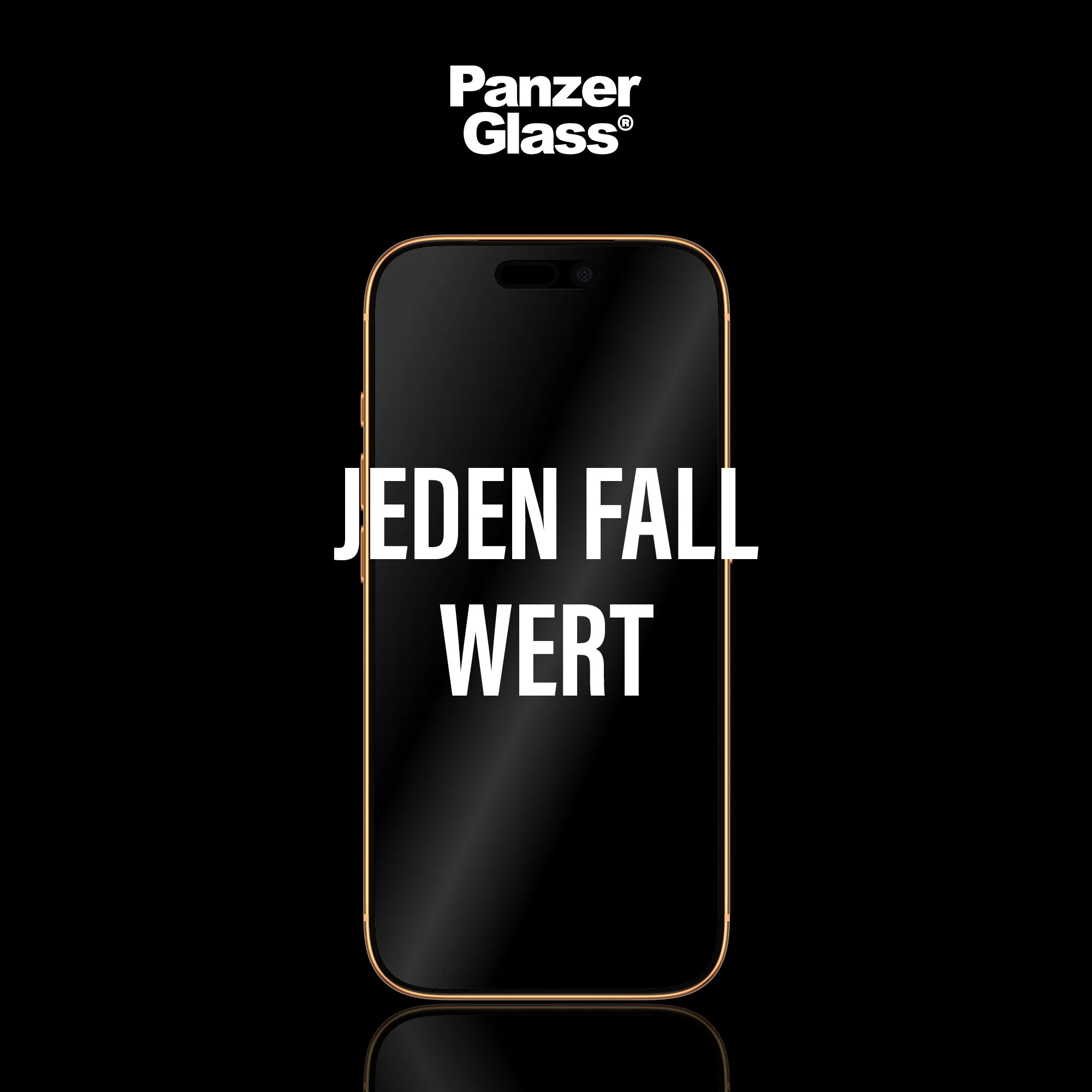 Smartphone à bordure dorée avec logo et texte "Panzer Glass".