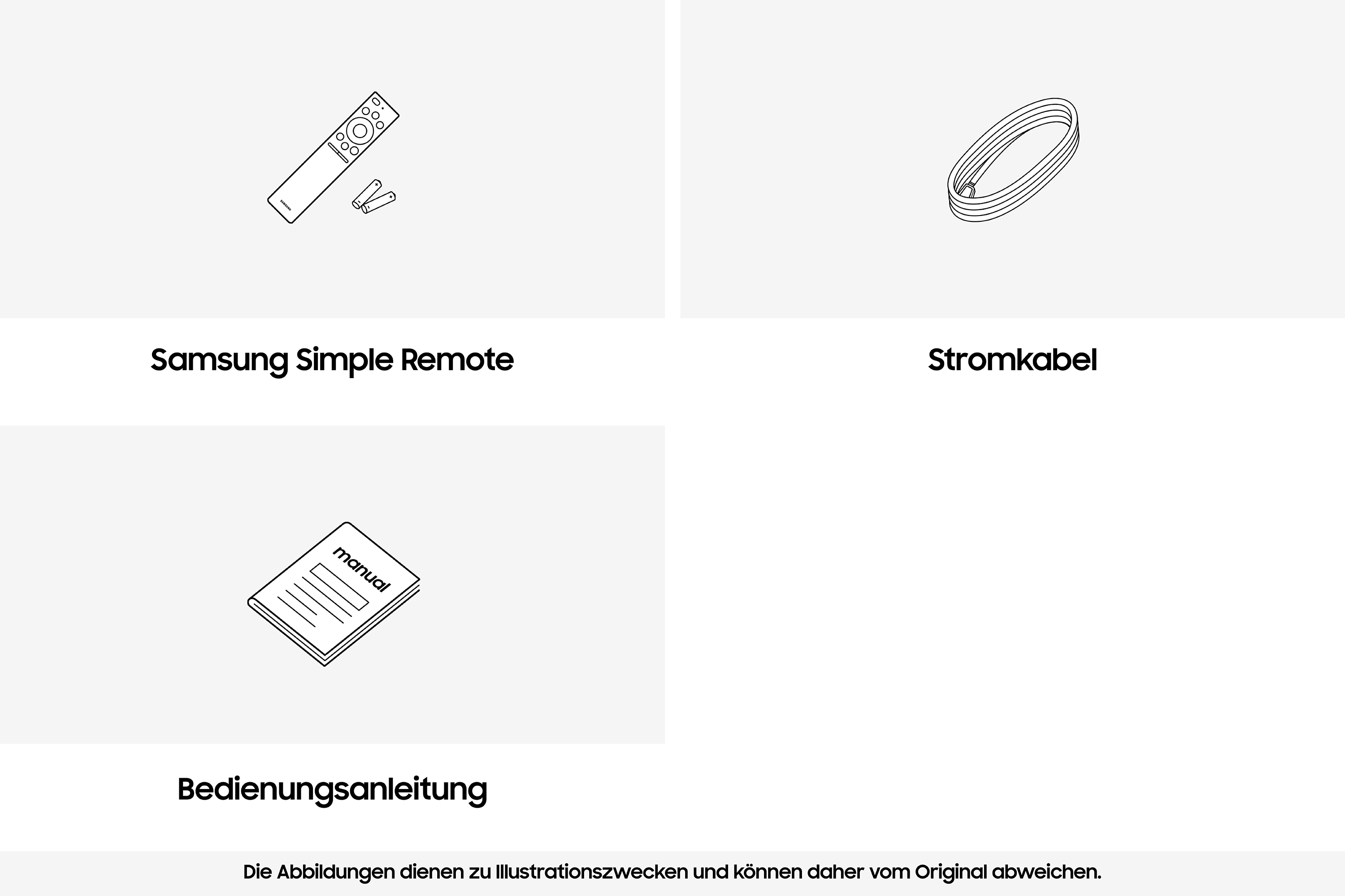 Illustrationen: Samsung Fernbedienung, Stromkabel, Bedienungsanleitung.