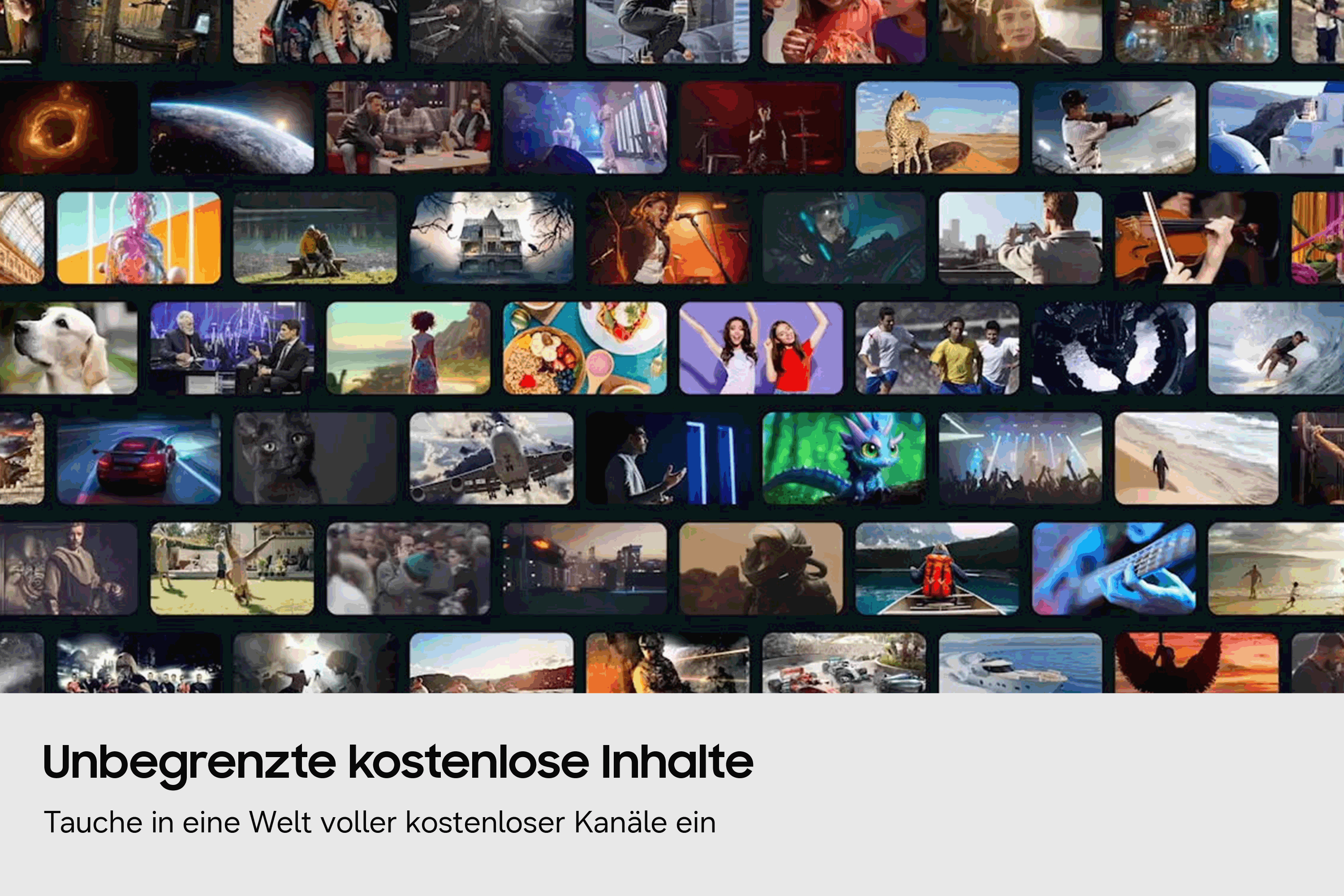 Collage aus verschiedenen Videoclips mit Text 'Unbegrenzte kostenlose Inhalte'.