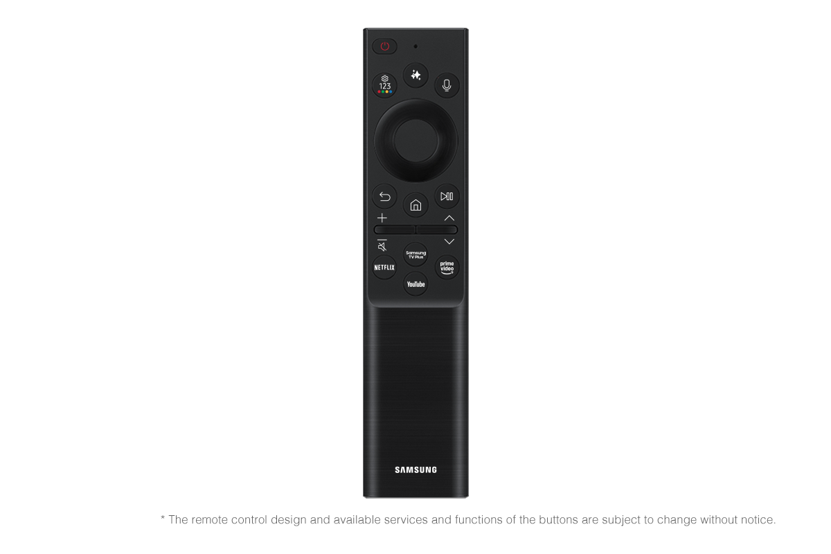 Eine schwarze Samsung TV-Fernbedienung mit Tasten für Netflix, YouTube, Prime Video und mehr.