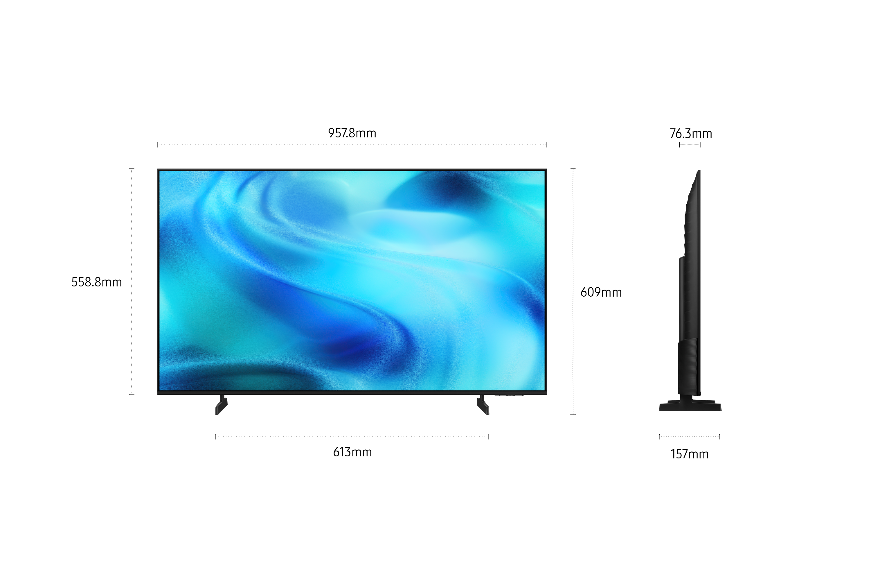 Ein schwarzer Fernseher mit blauen Grafiken, mit Maßen.