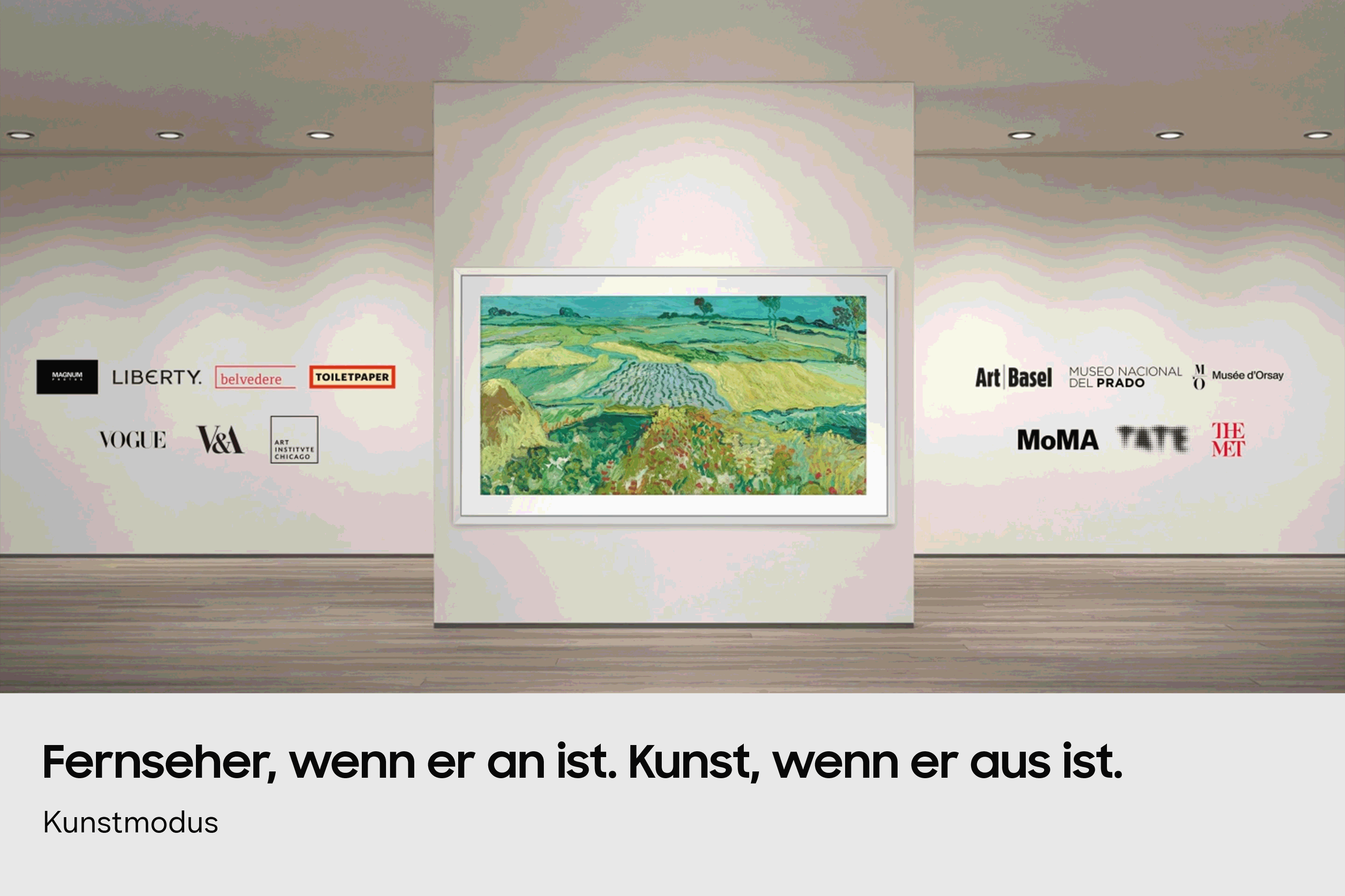 Gemälde eines Feldes mit Bäumen und blauer Himmel, umgeben von Logos.