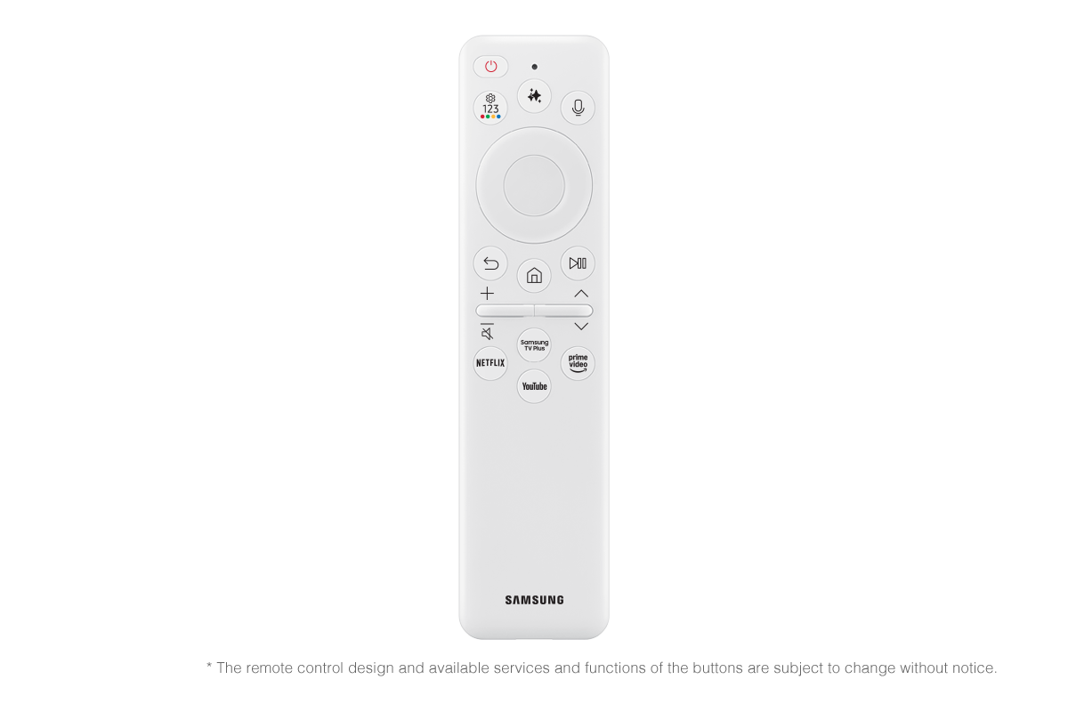 Eine weiße Samsung-Fernbedienung mit Tasten für Netflix, Prime Video und YouTube.