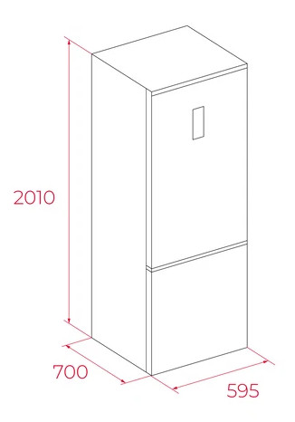 Rysunek techniczny białej lodówki o wymiarach 2010x700x595mm.