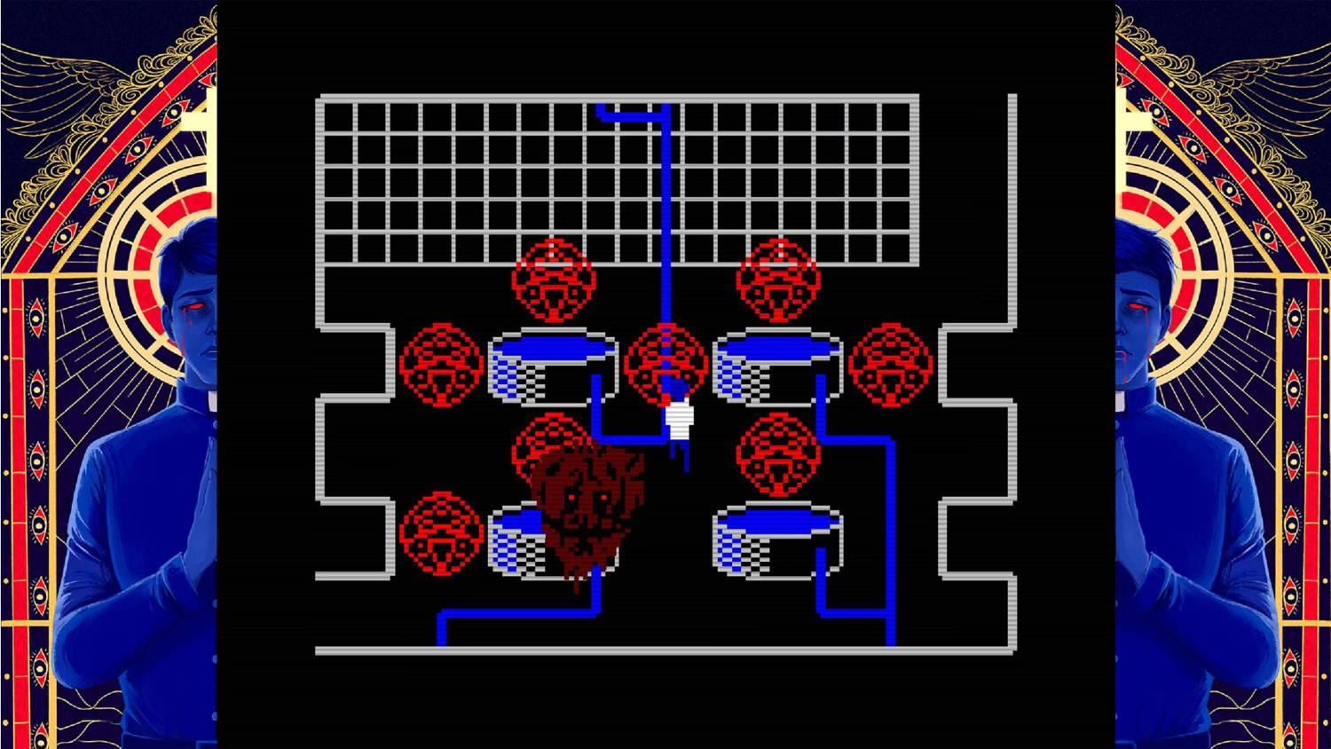 Una escena pixelada con una figura, objetos circulares rojos y líquido azul en tanques.