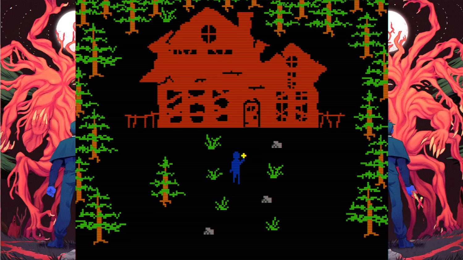 Casa pixelada con hombre azul y árboles monstruosos rojos en bosque.