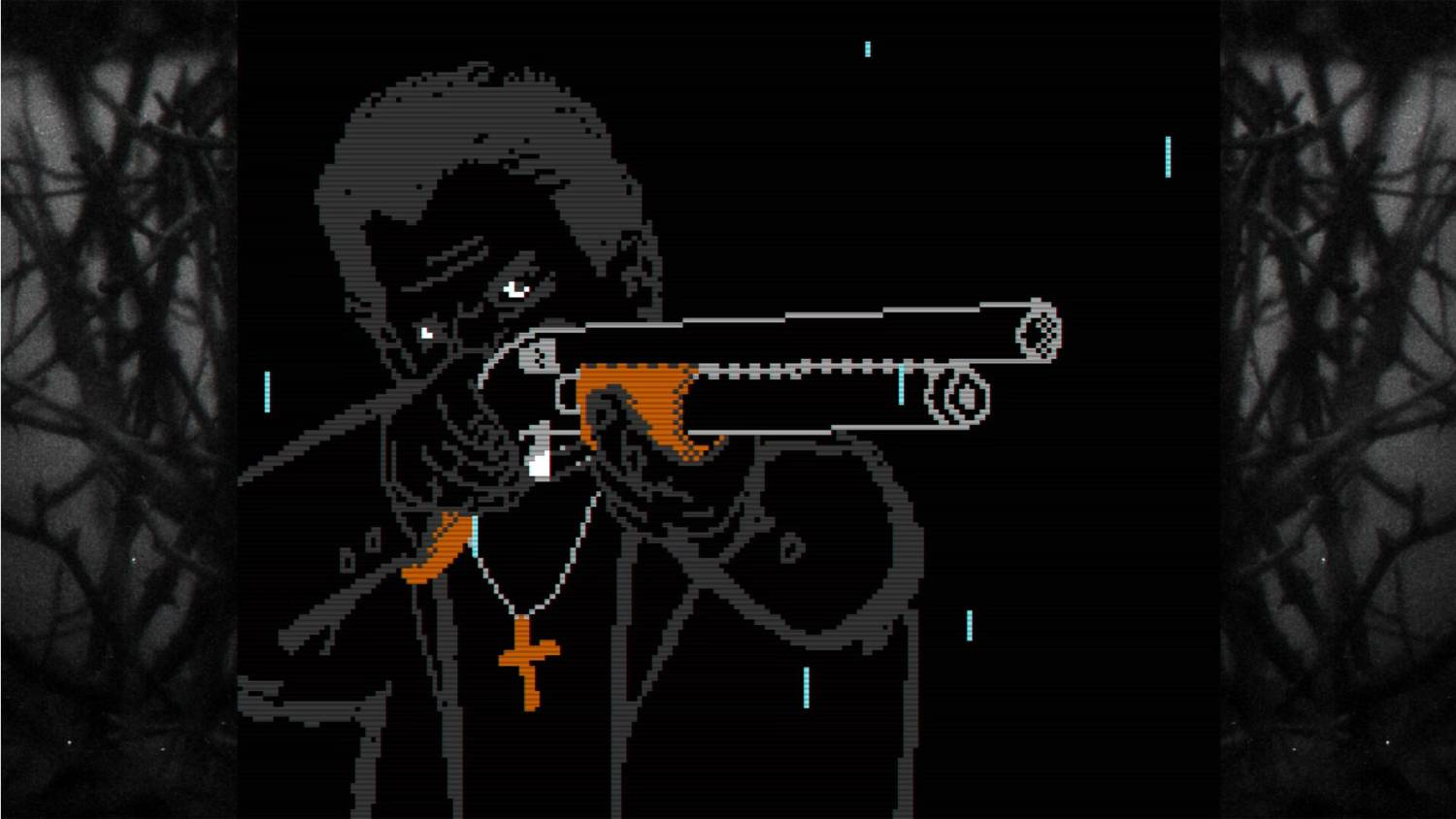 Una figura pixelada con escopeta, lleva un collar naranja con cruz.