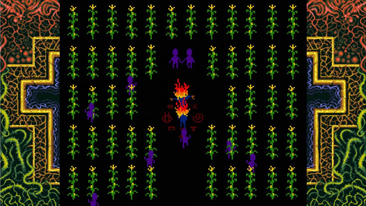 Arte pixelado: Plantas verdes con puntas amarillas, figuras púrpuras, llamas, fondo abstracto.