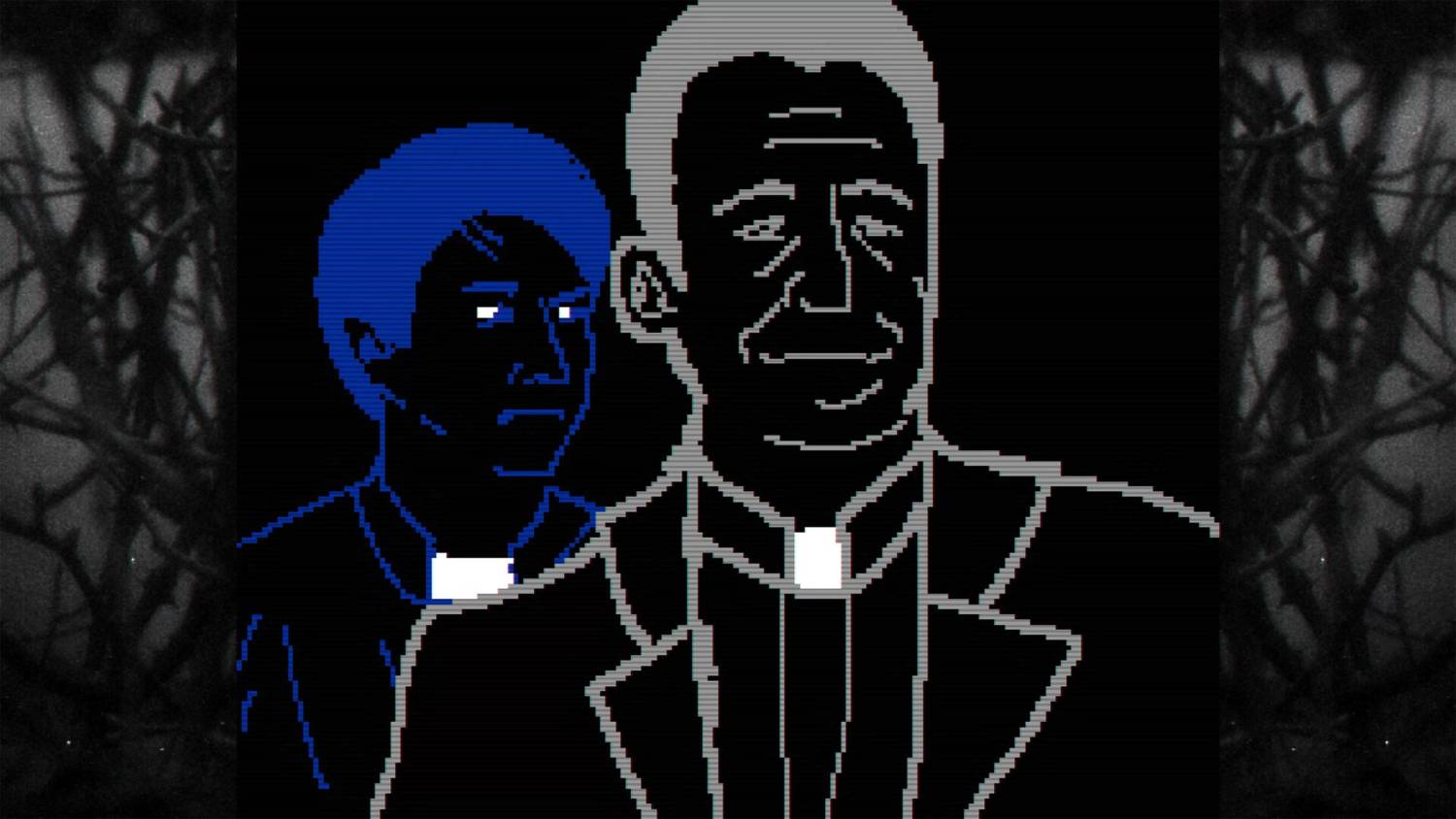 Dos figuras de pixel art: un hombre con cabello gris y un niño con cabello azul.