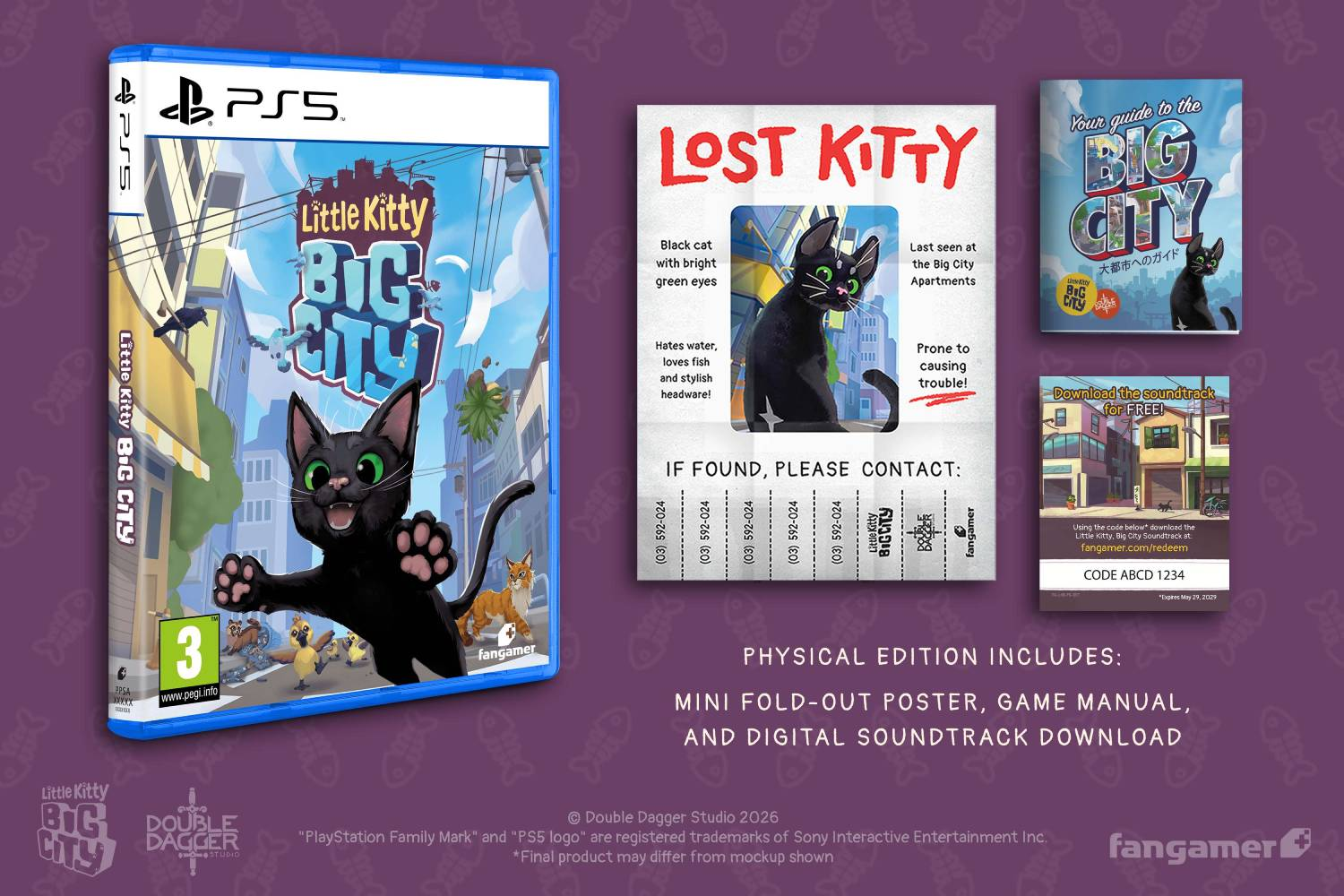 Arte de caja de juego para Little Kitty Big City PS5, con póster de gato perdido y guía.