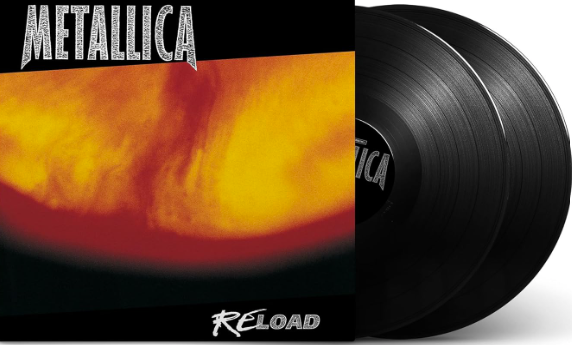 Metallica Reload Albumcover mit zwei schwarzen Schallplatten.